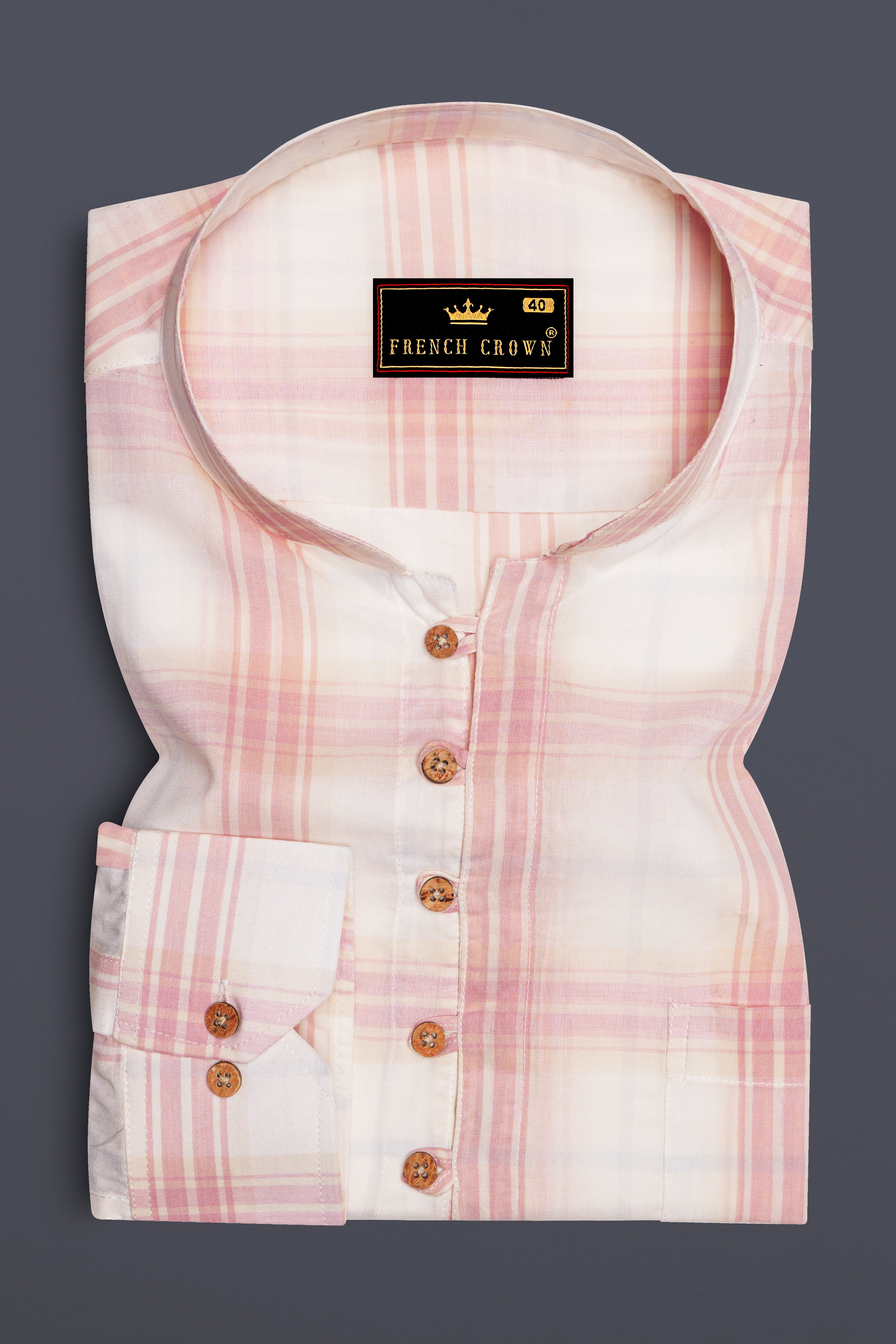 Fantasy Beige and Faded Pink Plaid Premium Cotton Kurta Shirt