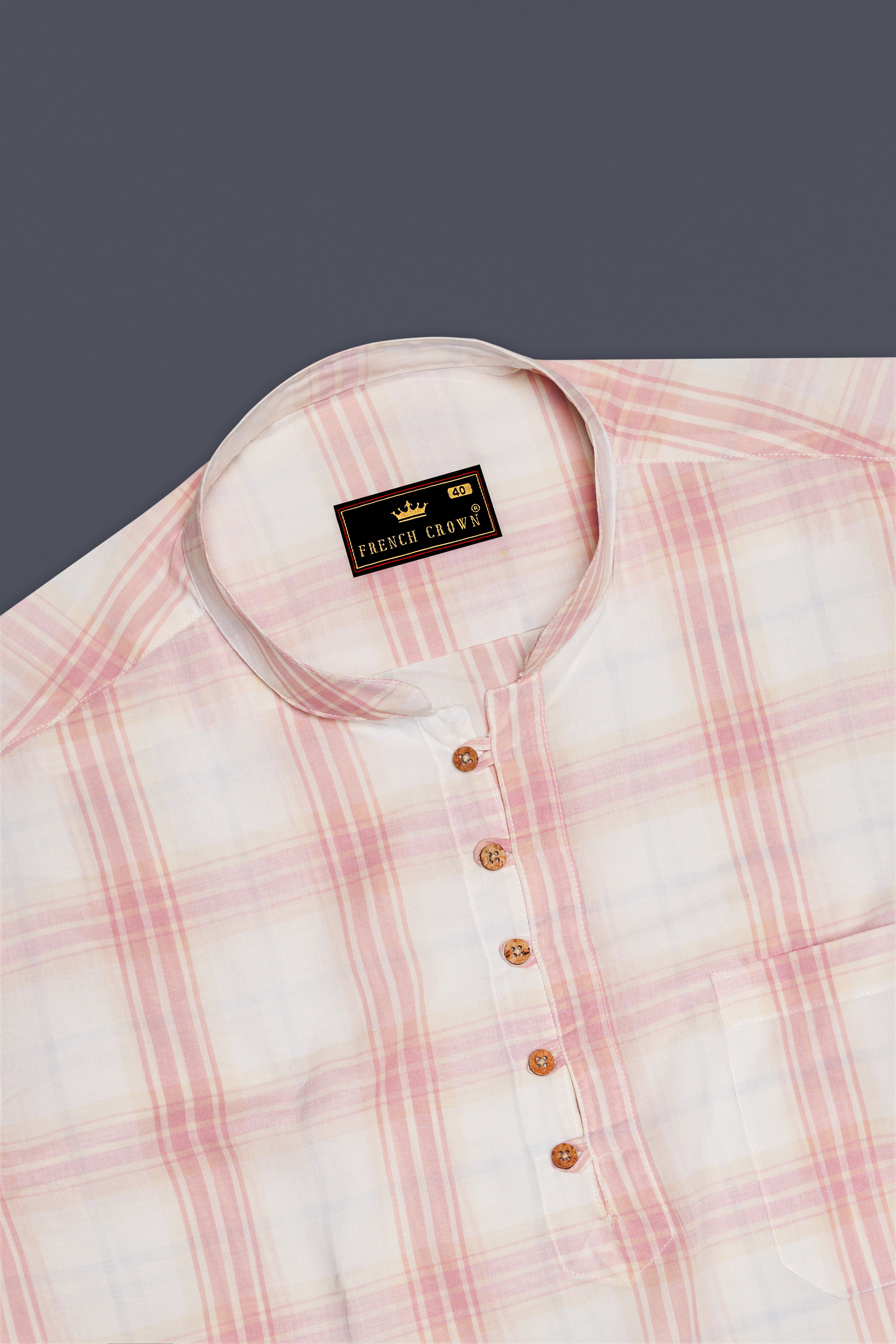 Fantasy Beige and Faded Pink Plaid Premium Cotton Kurta Shirt