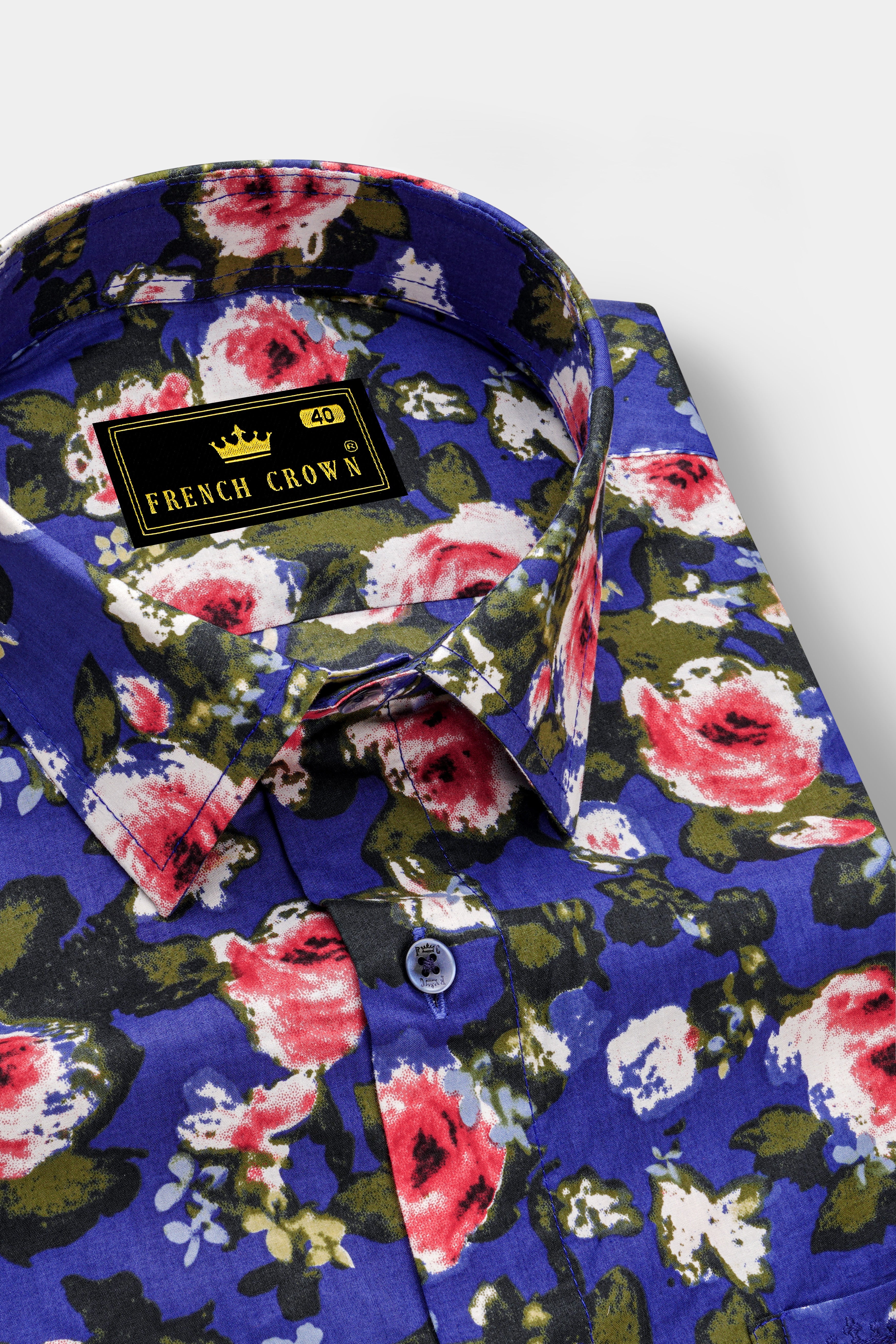 Medium Slate Blue Floral Printed Premium Cotton Shirt