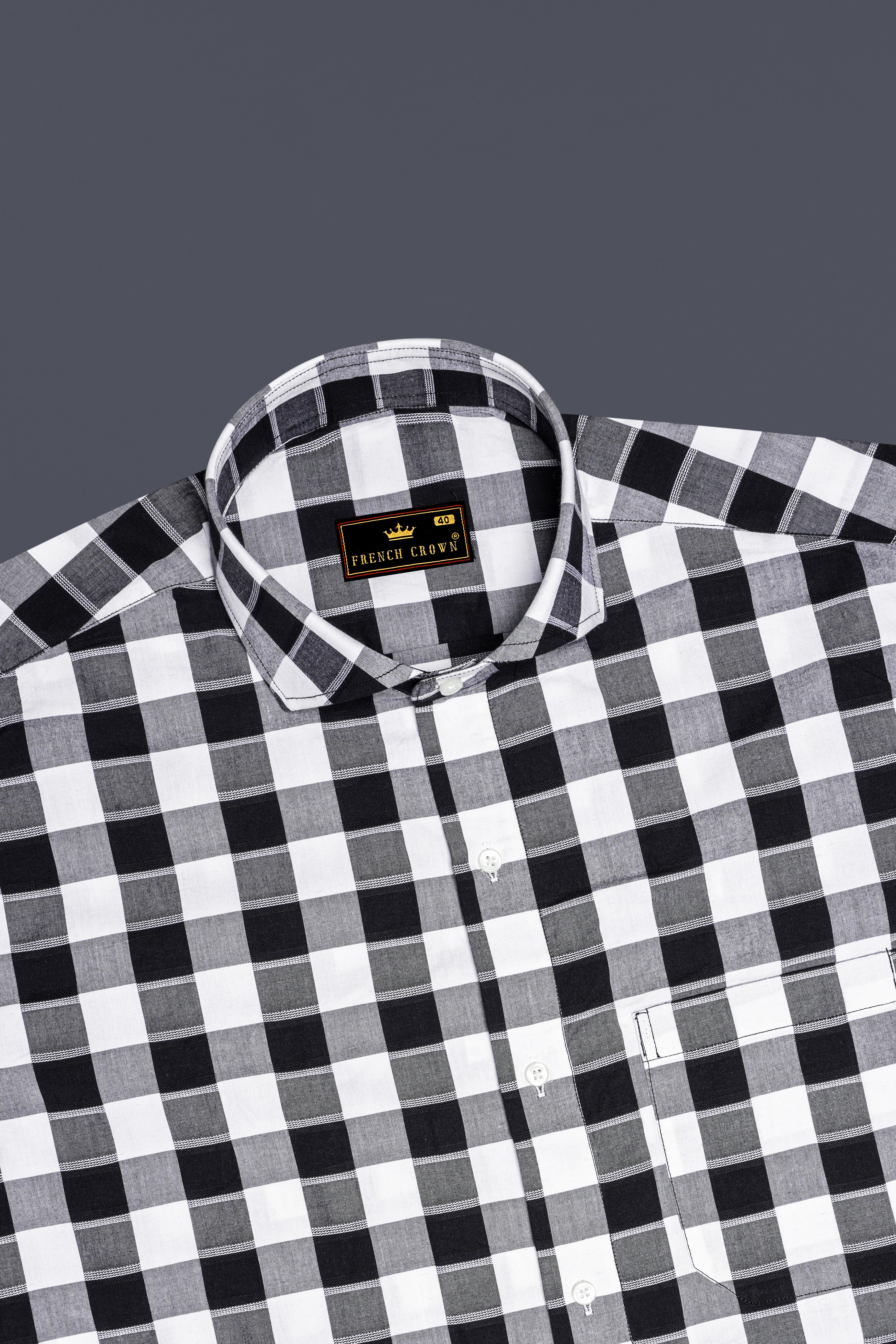 Bright White and Navy Checked Dobby Premium Giza Cotton Shirt