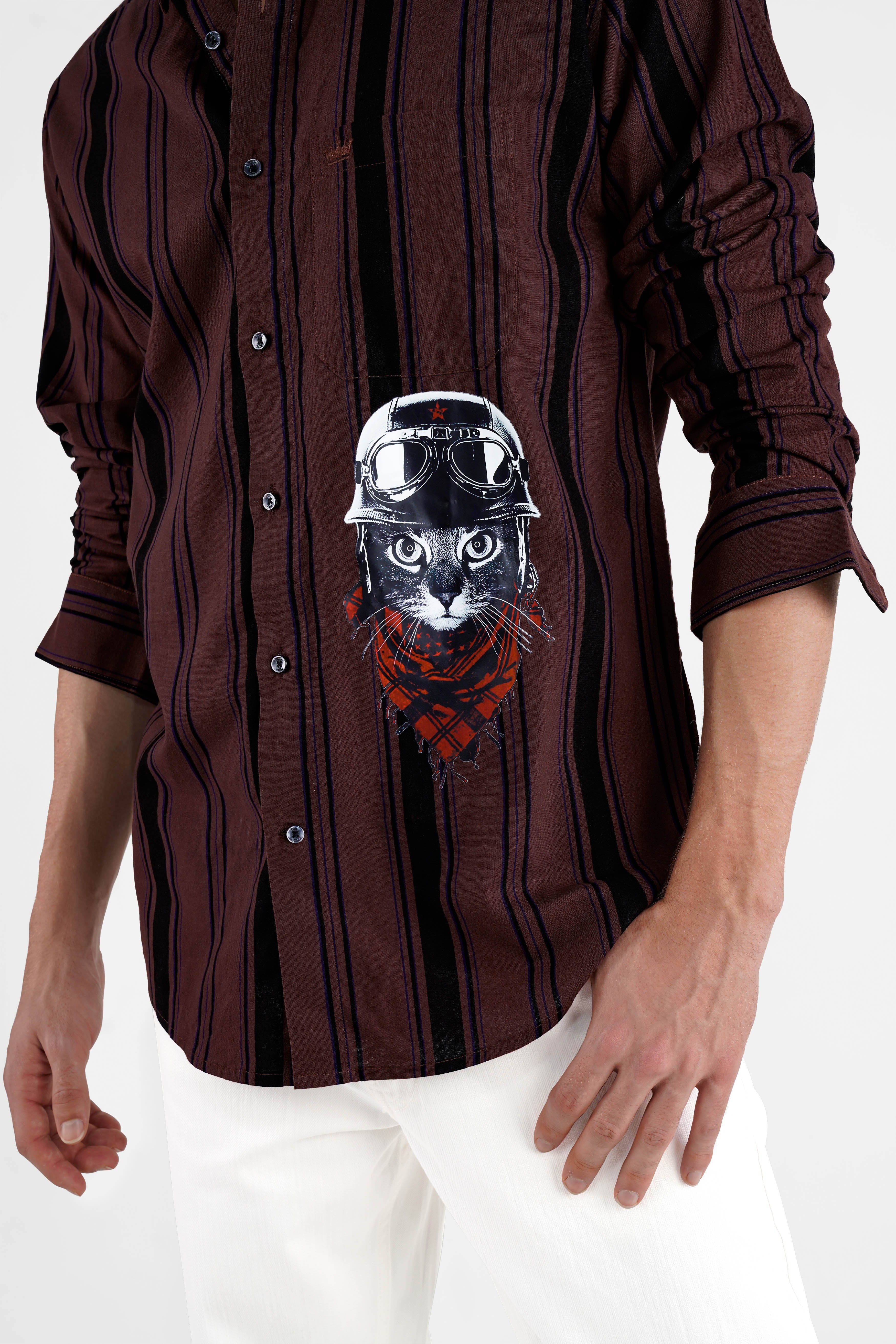 Matterhorn Brown Striped with Funky Cat Printed Royal Oxford Designer Shirt