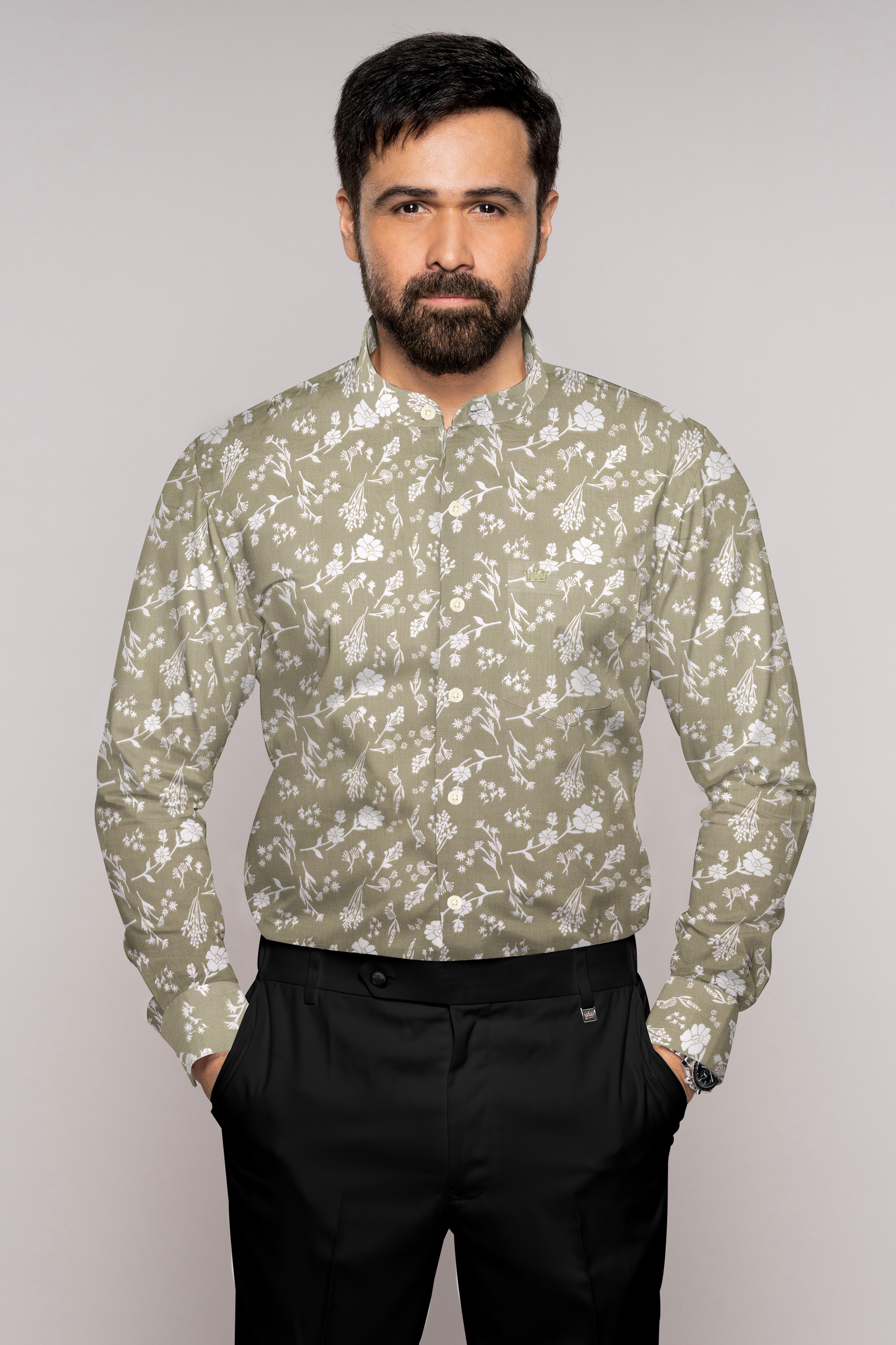 Sandrift Beige Floral Printed Premium Cotton Shirt
