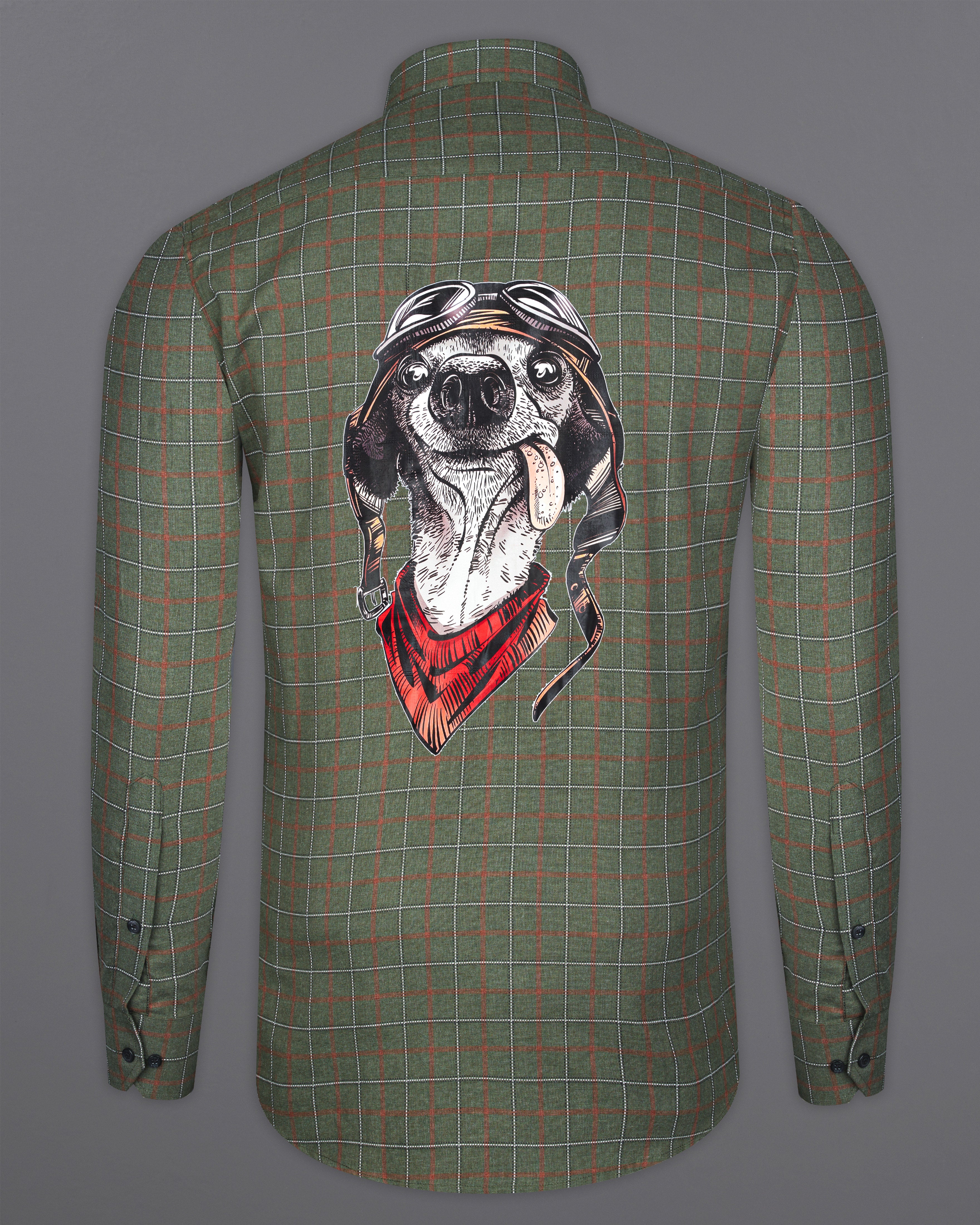 Asparagus Green with Chestnut Brown Checkered with Comical Dog Printed Super Soft Premium Cotton Designer Shirt