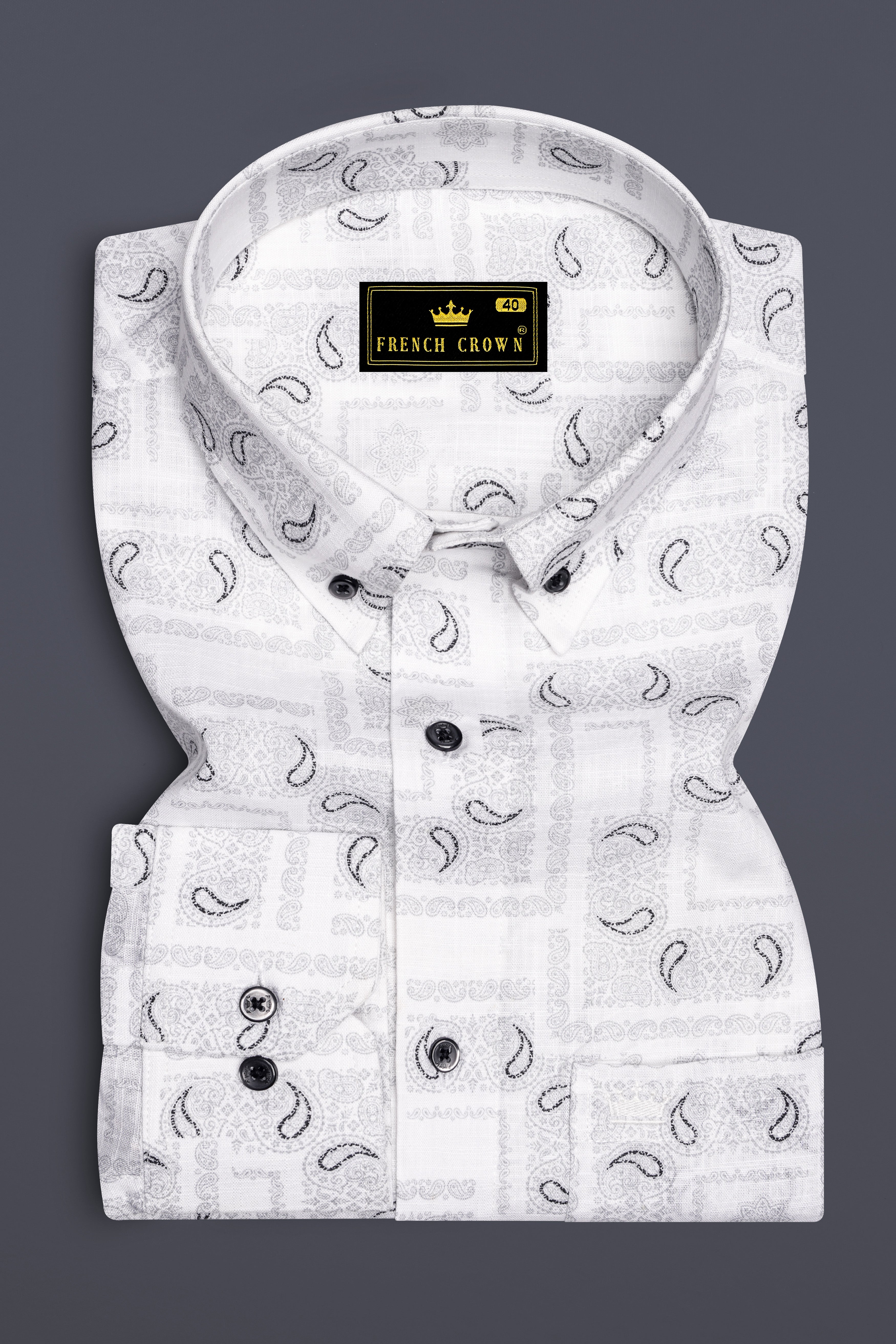 Bright White Paisley Printed Luxurious Linen Shirt