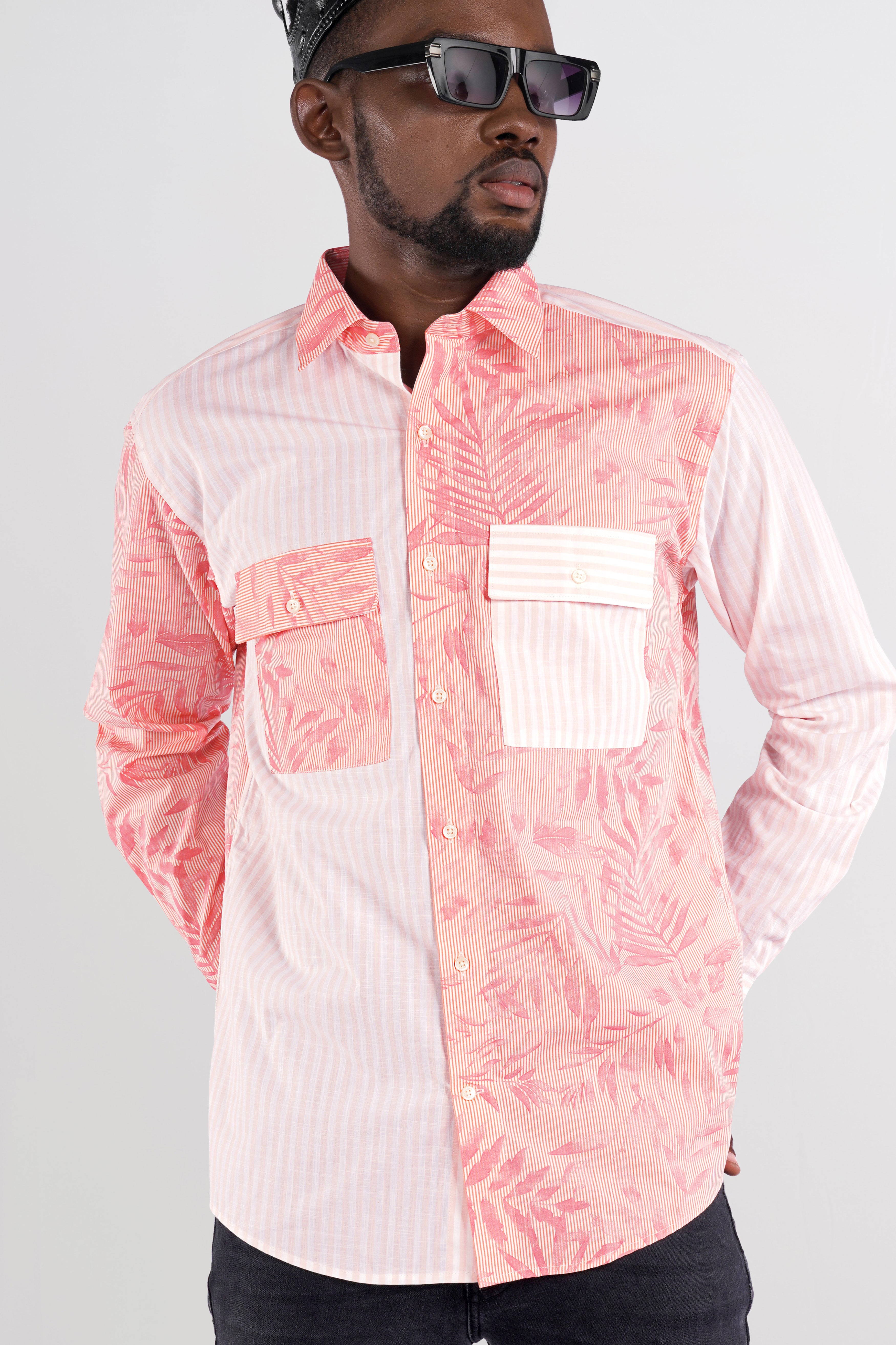 Salmon Peach Leaves Printed Premium Cotton Designer Shirt