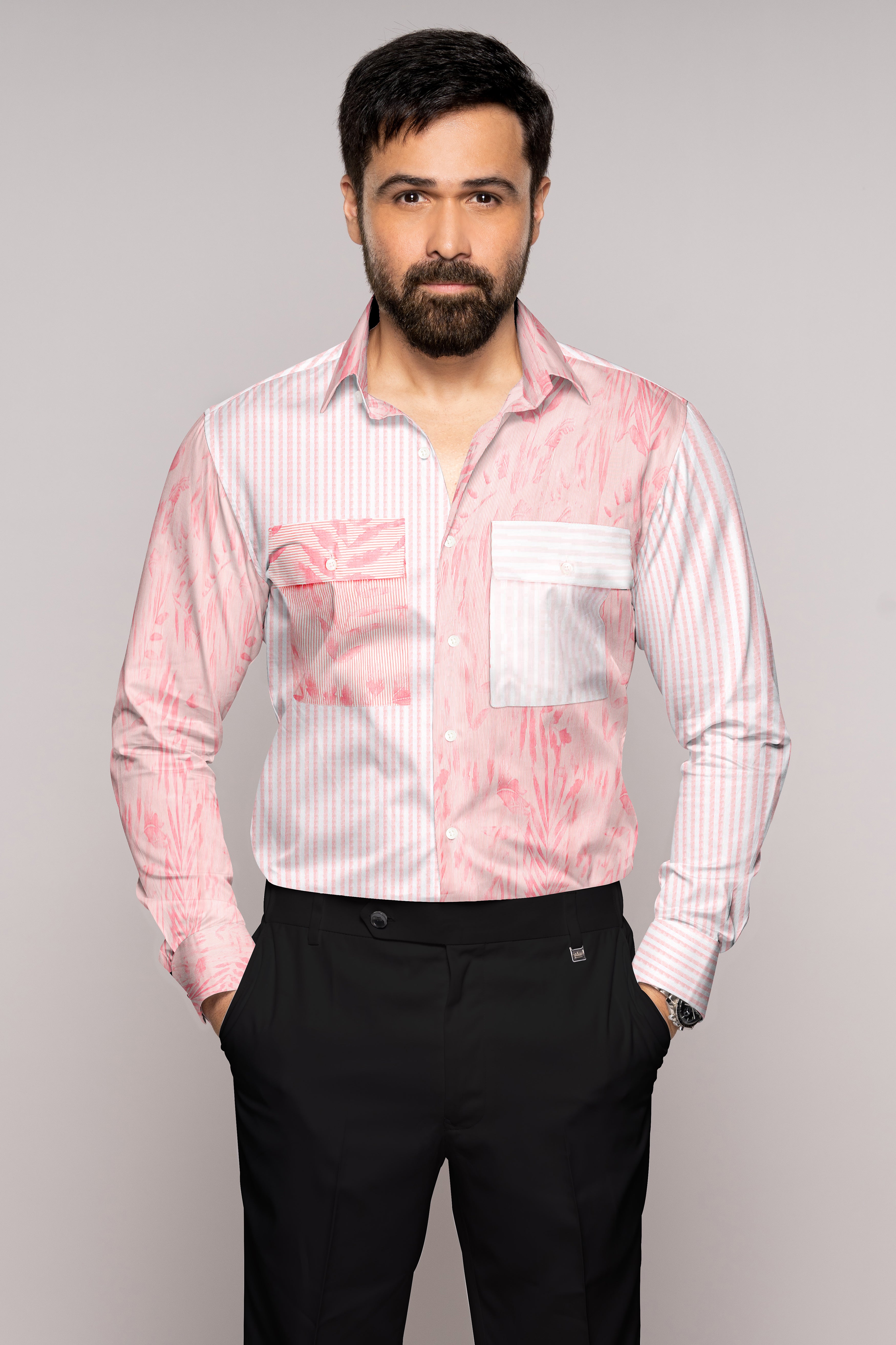 Salmon Peach Leaves Printed Premium Cotton Designer Shirt