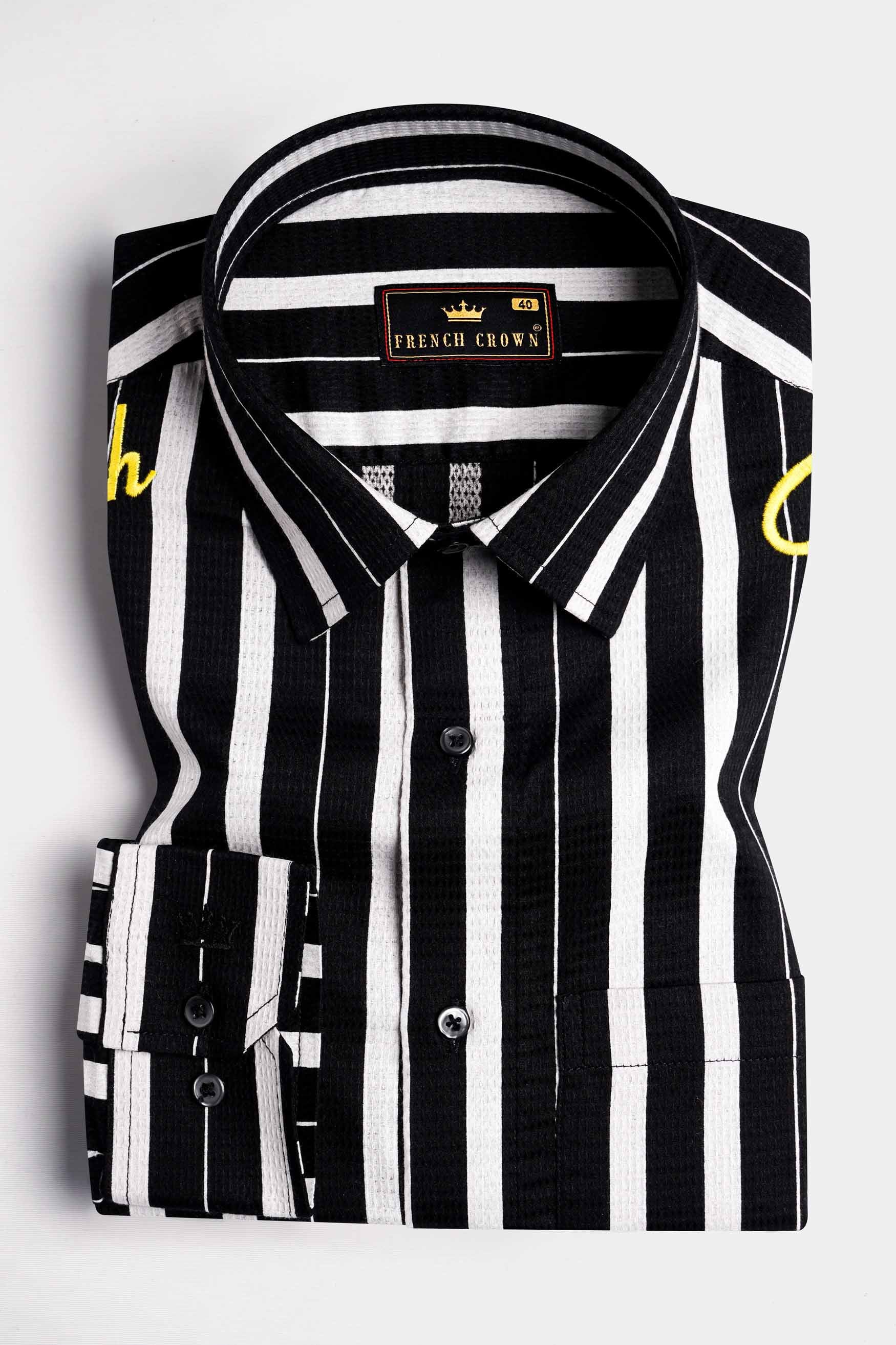 Jade Black and White Striped Embroiderd Dobby Textured Premium Giza Cotton Signature Designer Shirt 7879-BLK-E169-38, 7879-BLK-E169-H-38, 7879-BLK-E169-39, 7879-BLK-E169-H-39, 7879-BLK-E169-40, 7879-BLK-E169-H-40, 7879-BLK-E169-42, 7879-BLK-E169-H-42, 7879-BLK-E169-44, 7879-BLK-E169-H-44, 7879-BLK-E169-46, 7879-BLK-E169-H-46, 7879-BLK-E169-48, 7879-BLK-E169-H-48, 7879-BLK-E169-50, 7879-BLK-E169-H-50, 7879-BLK-E169-52, 7879-BLK-E169-H-52