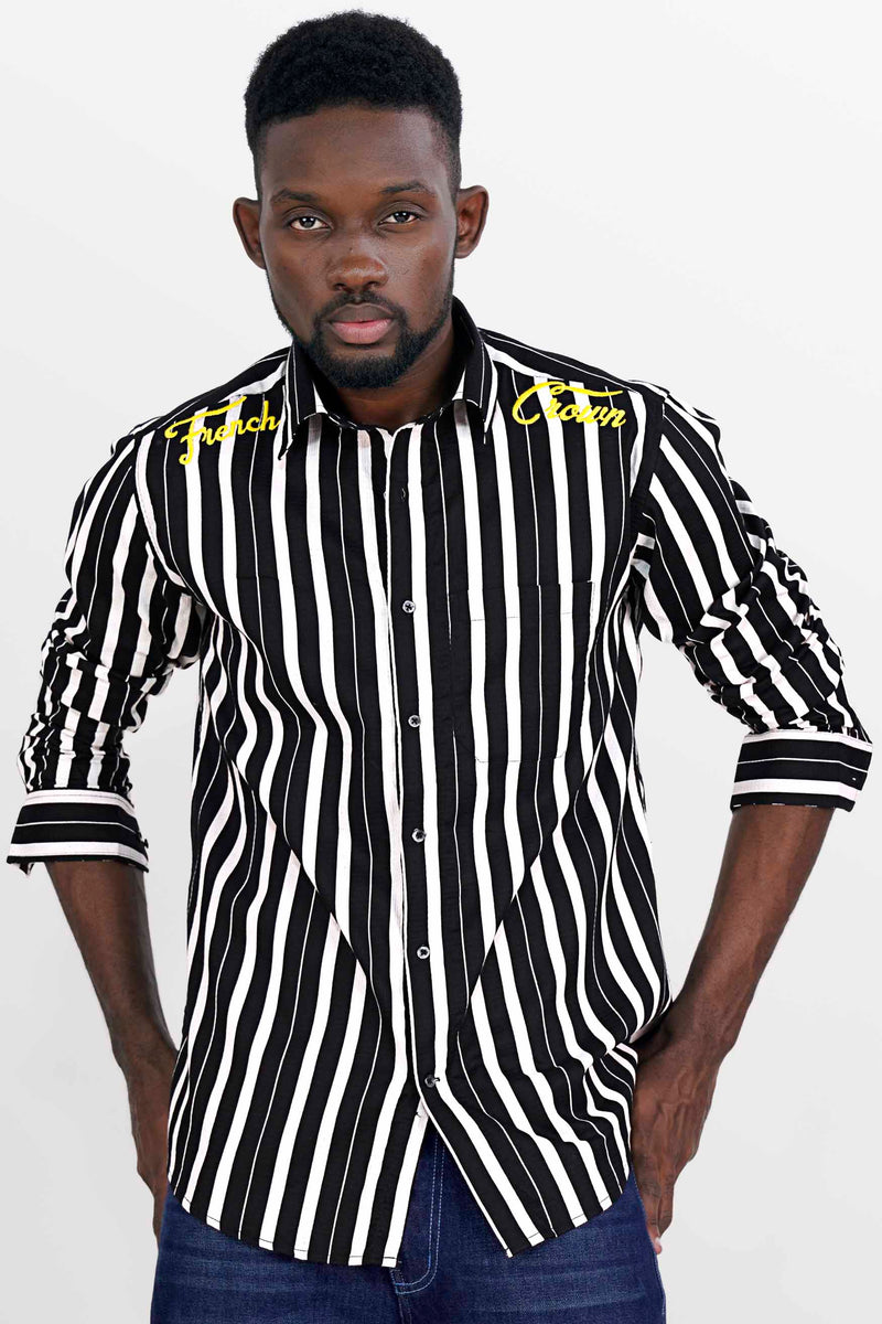 JADE BLACK AND WHITE STRIPED EMBROIDERD DOBBY TEXTURED PREMIUM GIZA COTTON SIGNATURE DESIGNER SHIRT