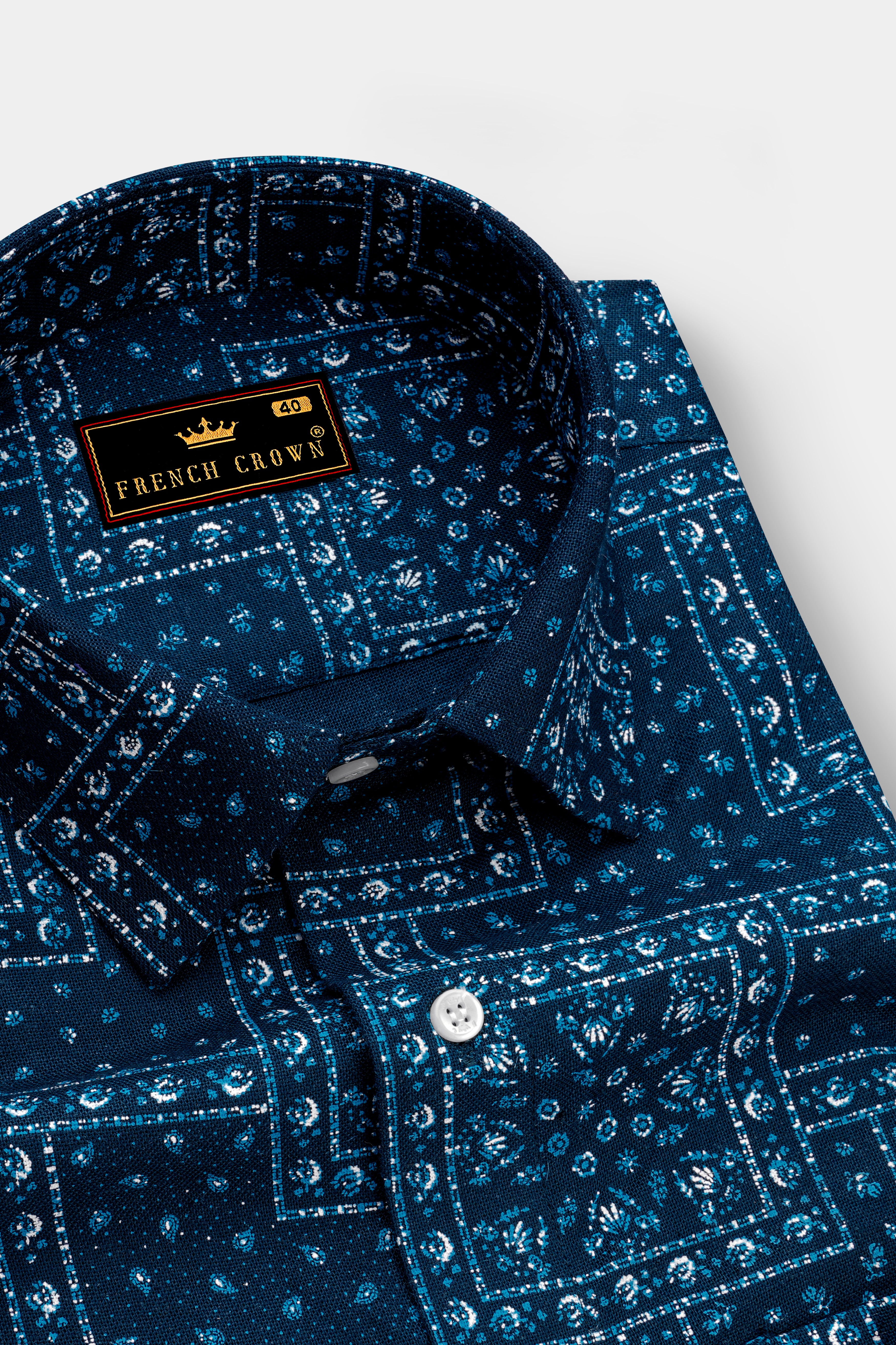 Sapphire Blue Boho Printed Luxurious Linen Shirt