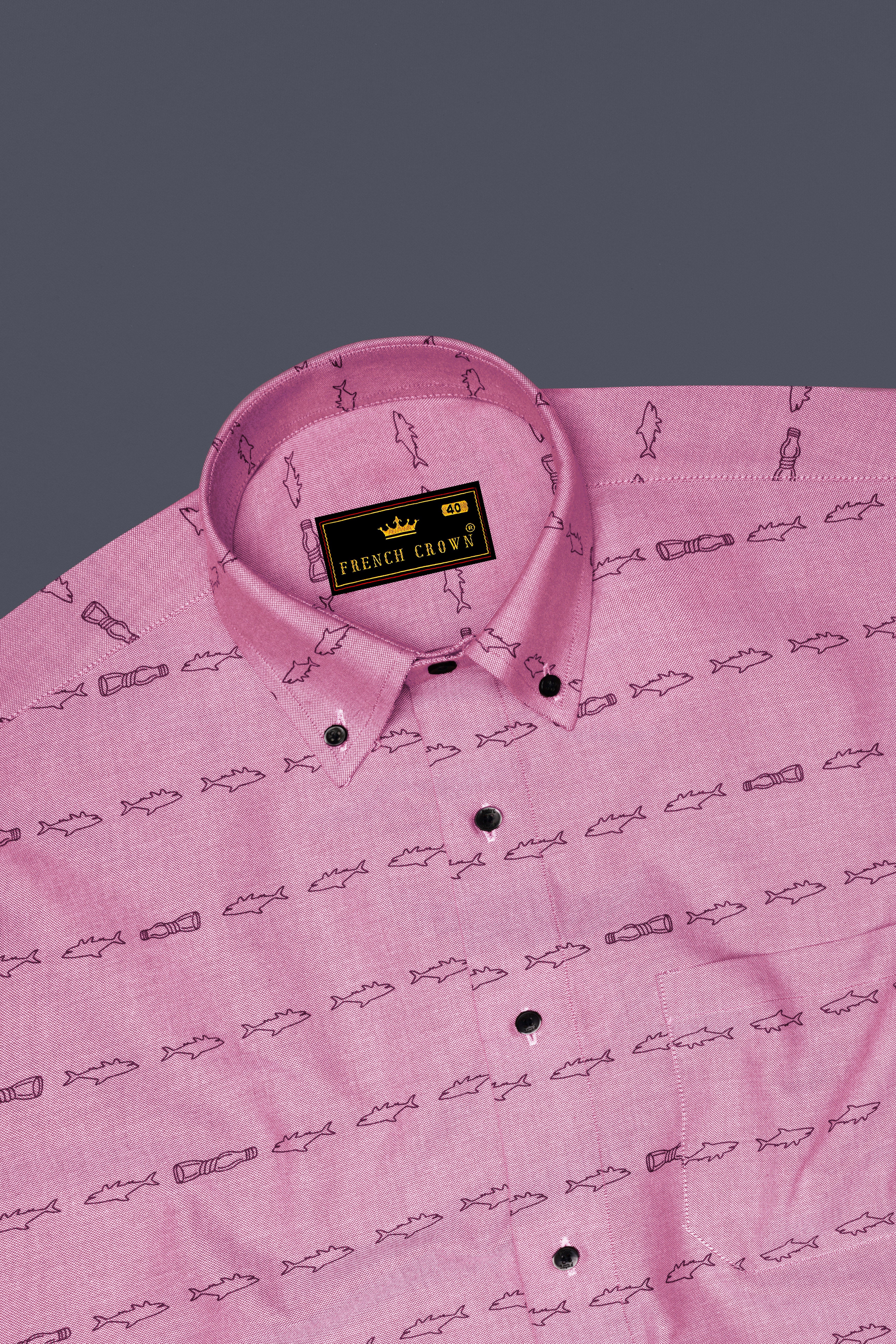 Falcon Pink With Blue Fish Printed Royal Oxford Shirt