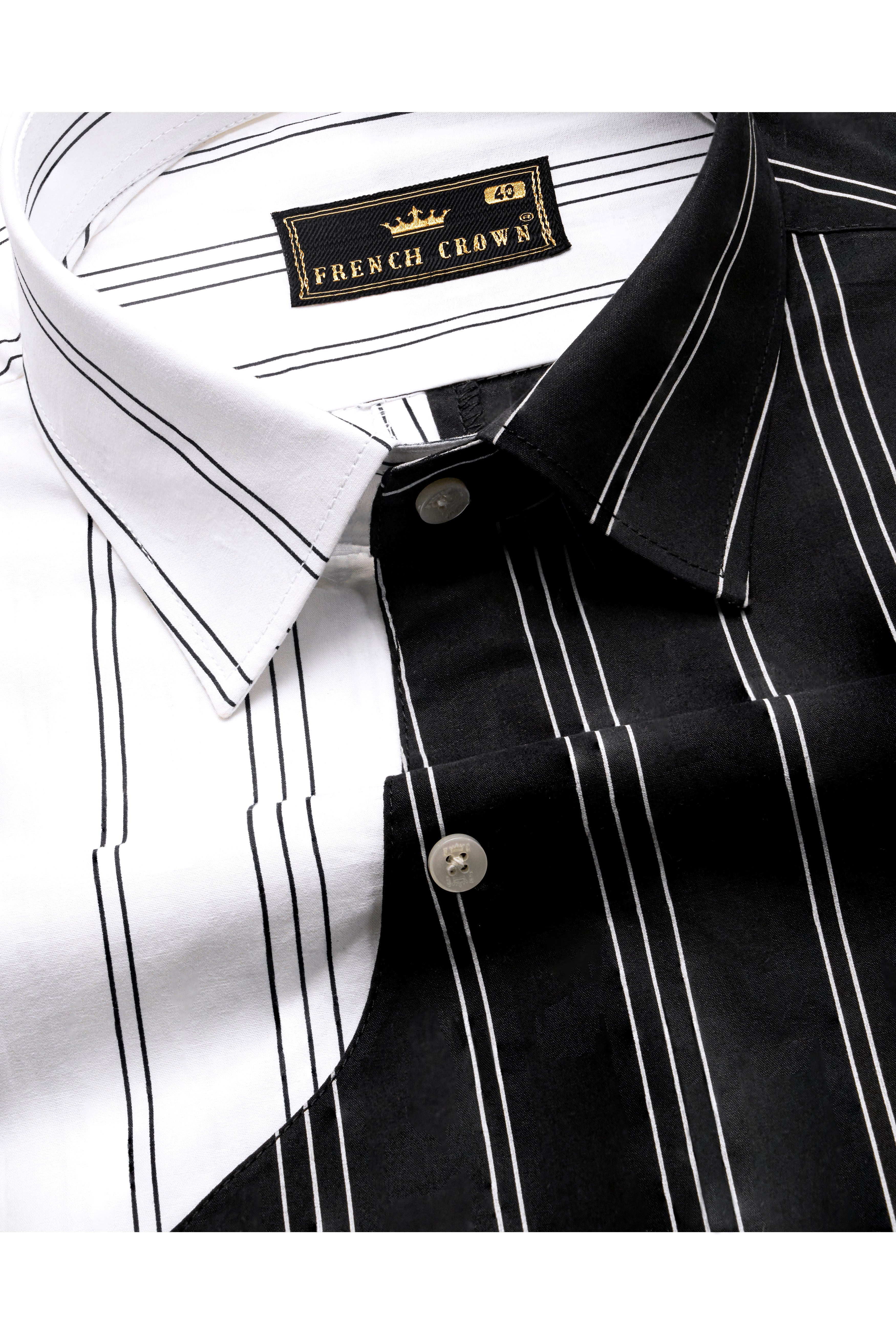 Half Withe with Half Black Pin Striped Embellished with Embroidered Work Premium Cotton Designer Shirt