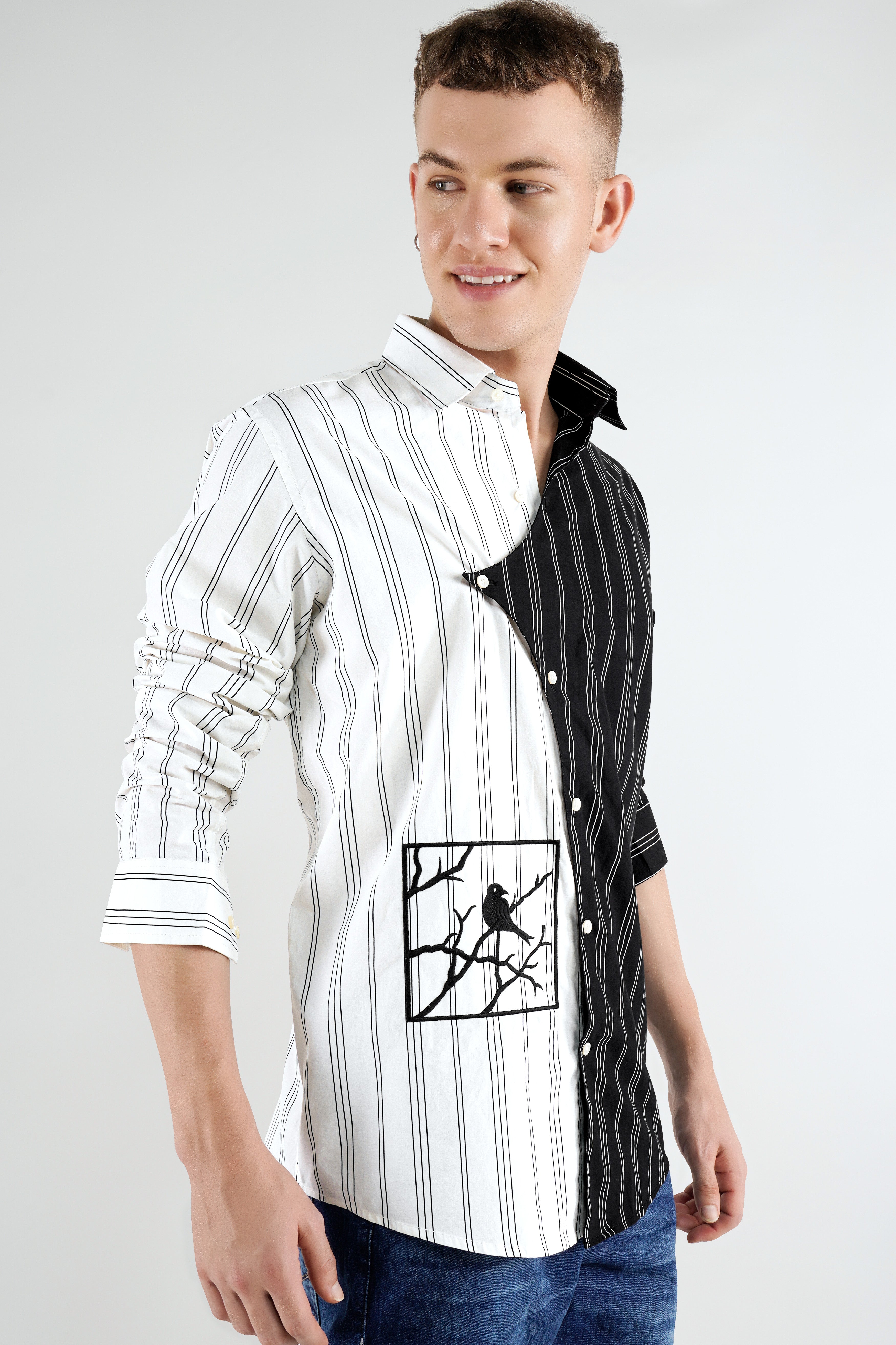 Half Withe with Half Black Pin Striped Embellished with Embroidered Work Premium Cotton Designer Shirt