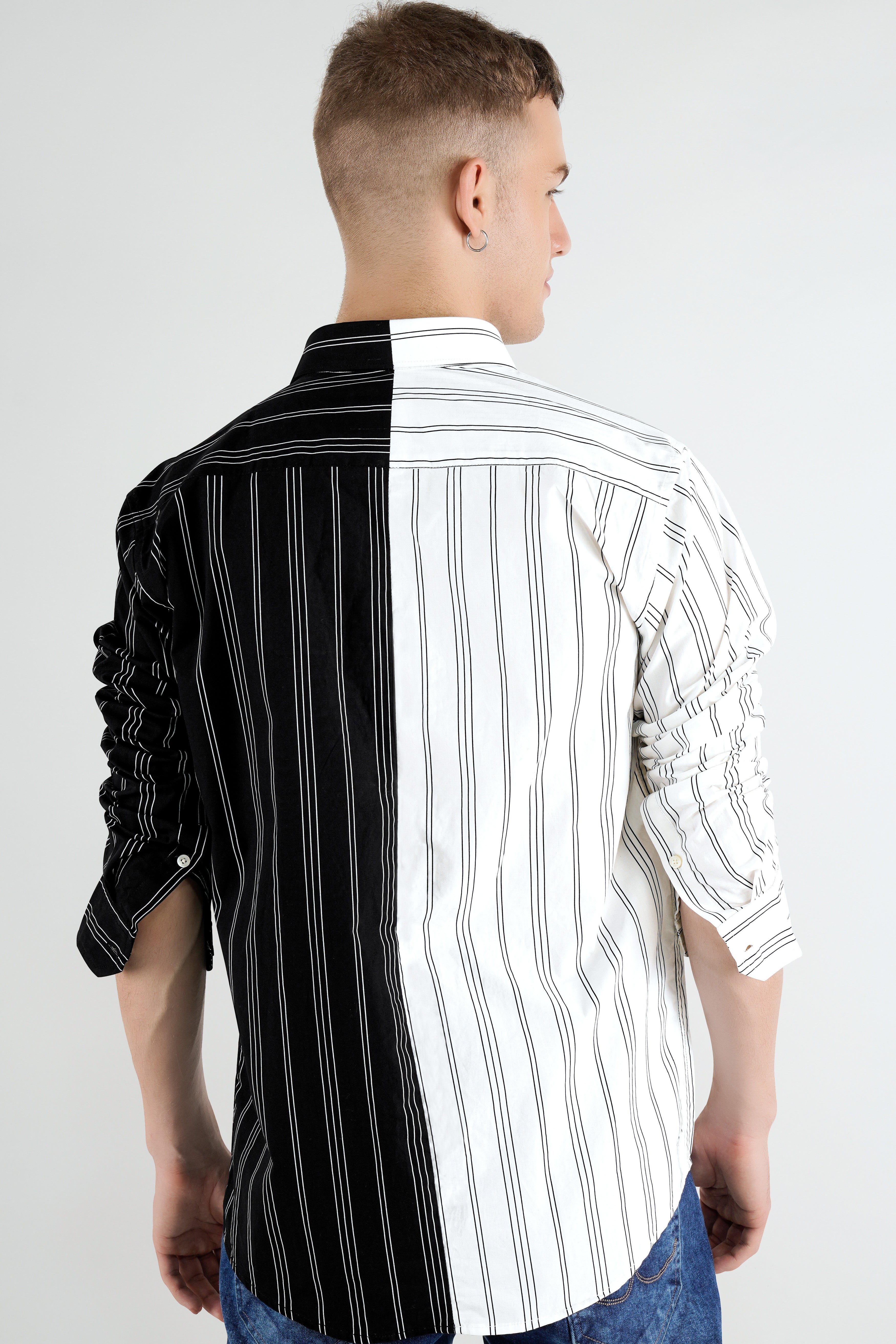 Half White With Half Black Pinstriped  Twill Premium Cotton Designer Shirt