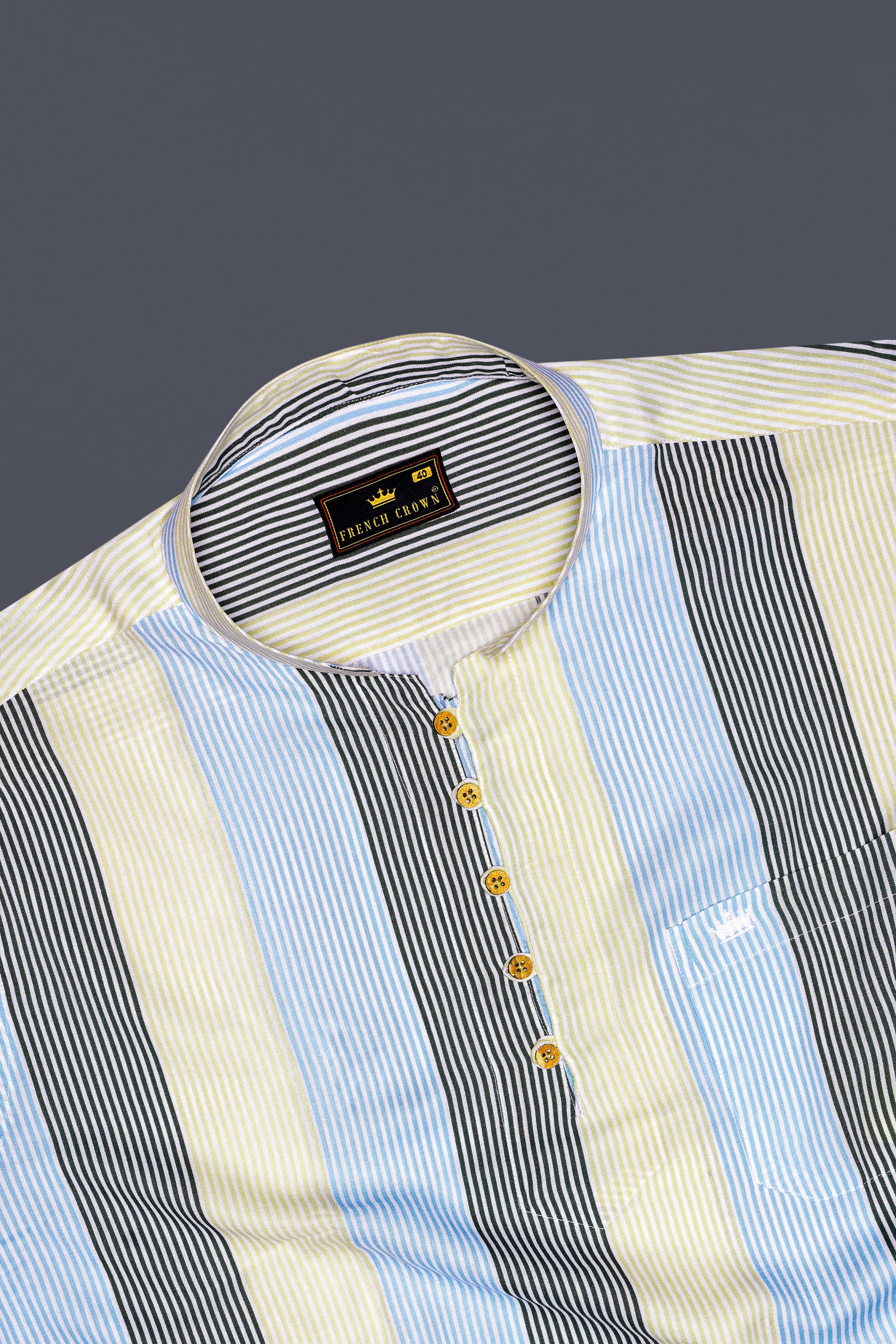 Raffia Beige with Botticelli Blue and Asparagus Green Pinstriped Tencel Premium Cotton Kurta Shirt