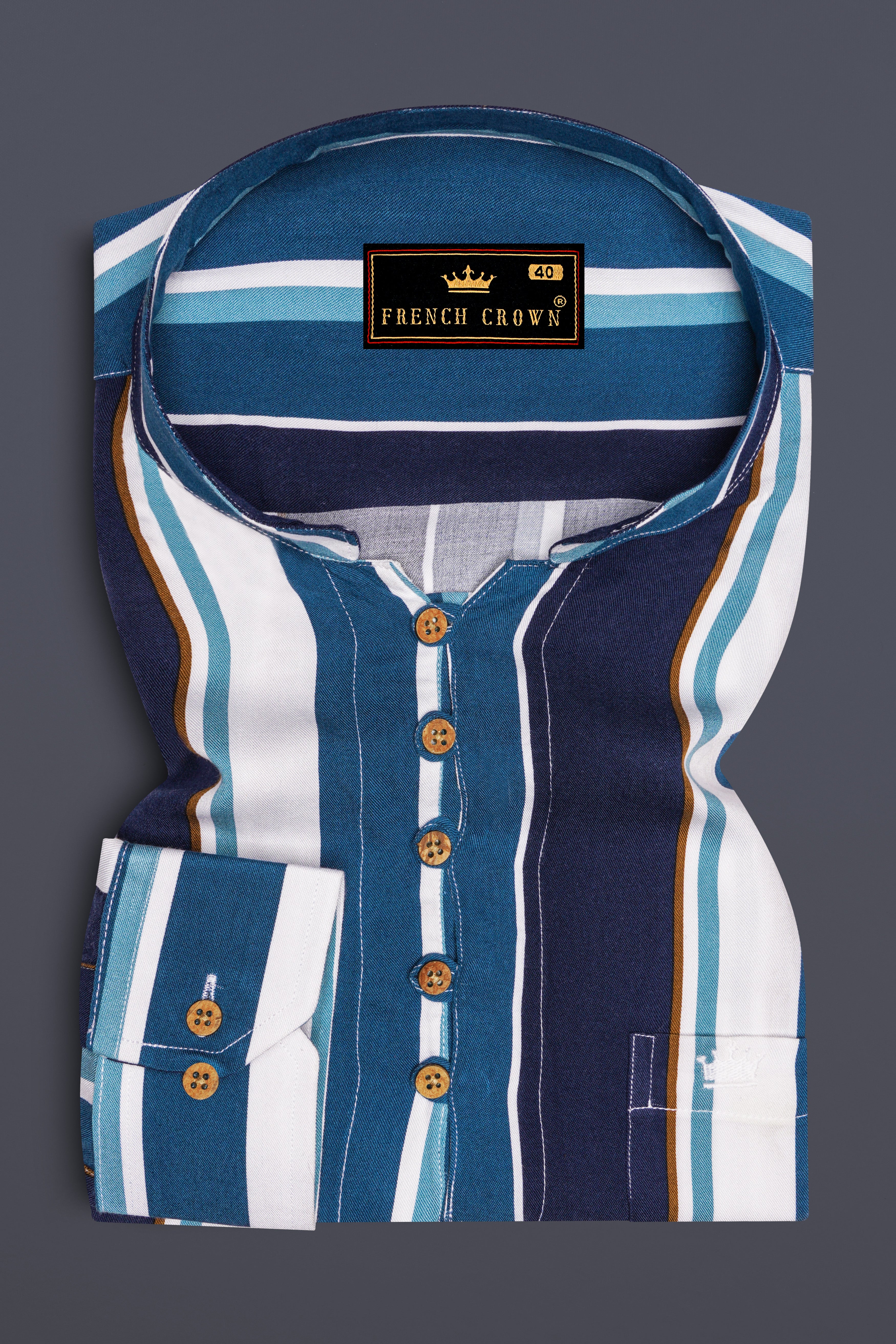 Bright White with Shakespeare Blue and Cyprus Blue Striped Premium Tencel Kurta Shirt