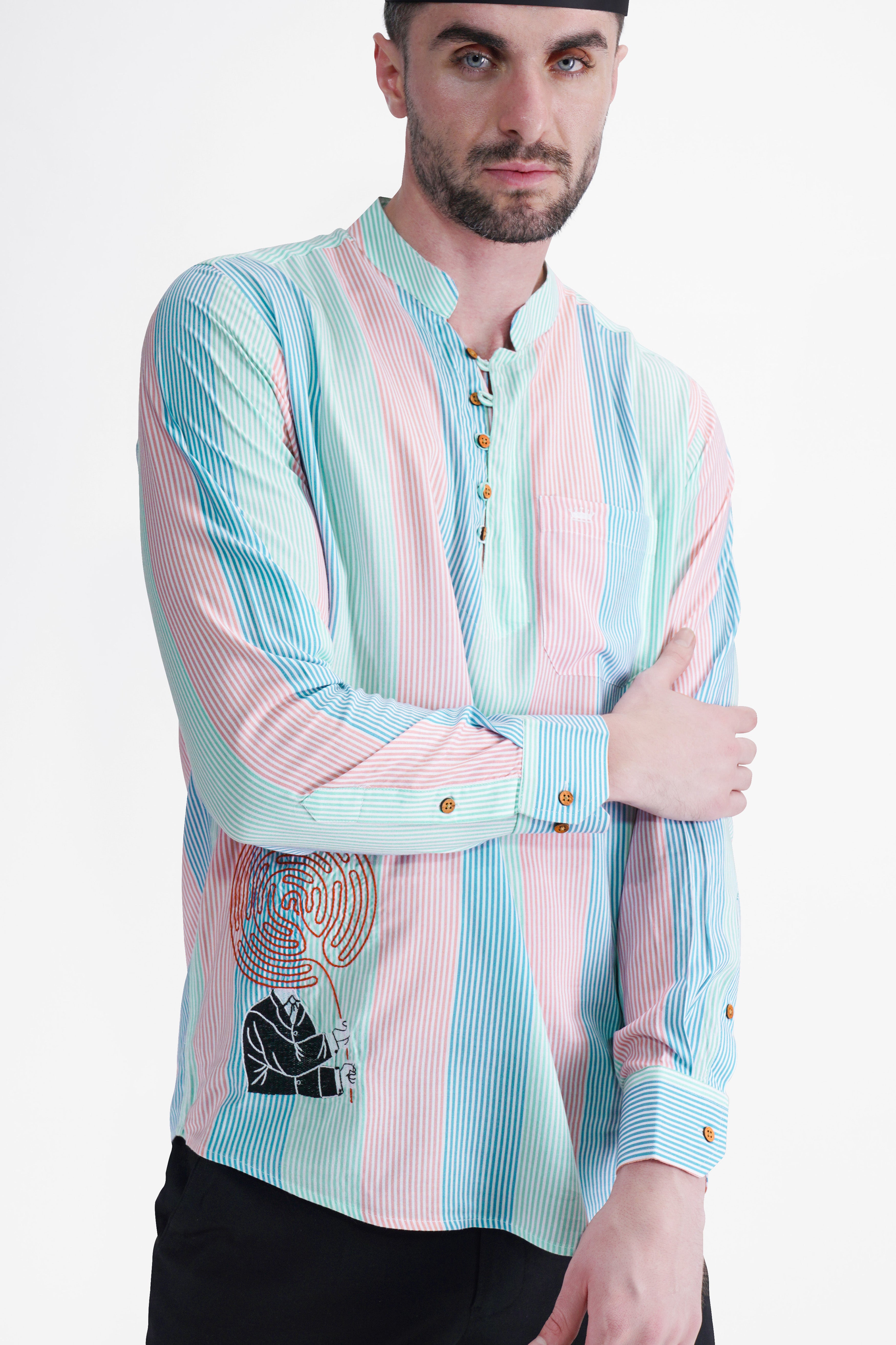 Blossom Pink and Multi-coloured with Artistic Embroidered Work Striped Premium Tencel Kurta Shirt