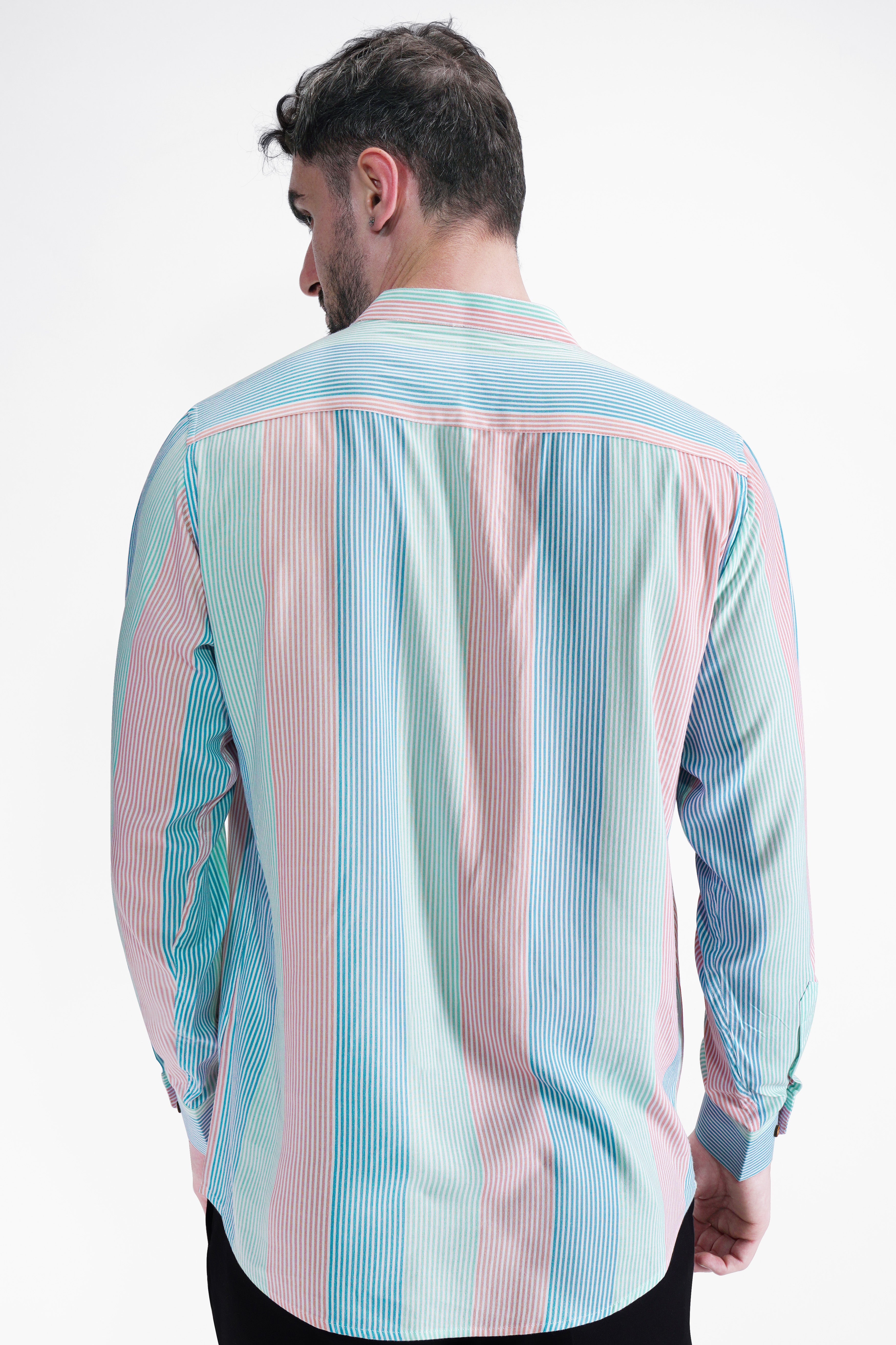 Blossom Pink and Multi-coloured with Artistic Embroidered Work Striped Premium Tencel Kurta Shirt