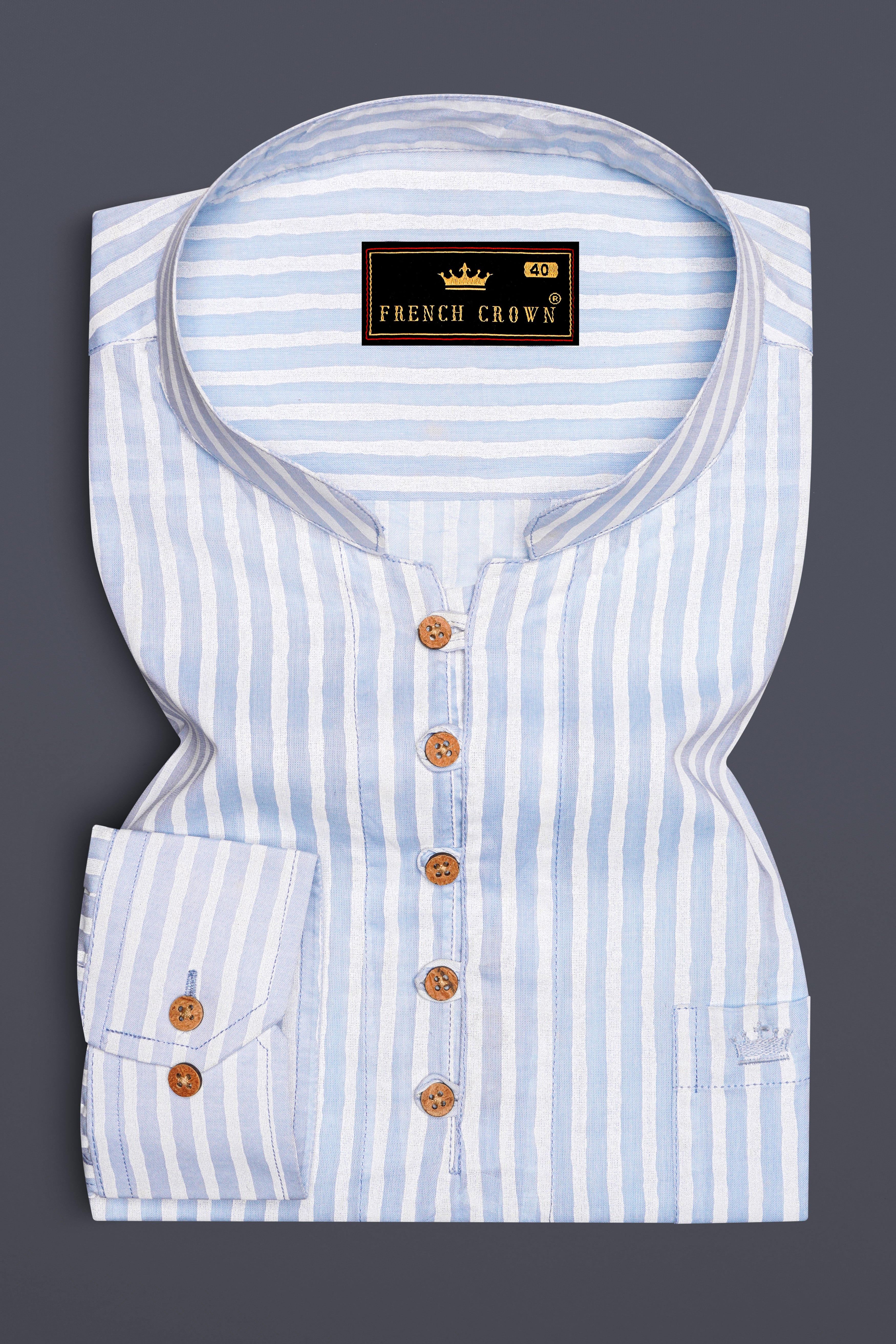 Heather Blue and White Striped Premium Cotton Kurta Shirt