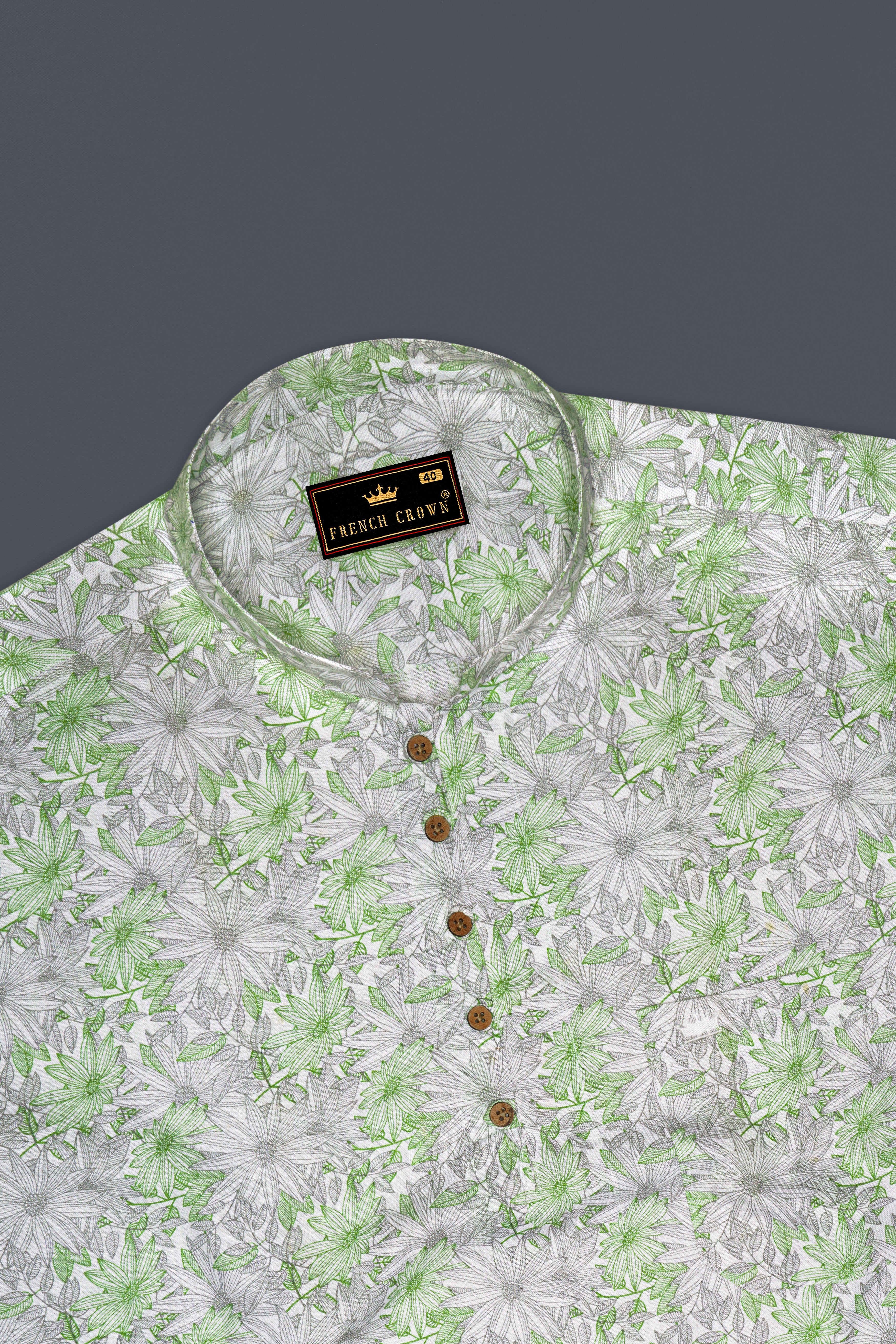 Olivine Green With White Floral Printed Luxurious Linen Kurta Shirt