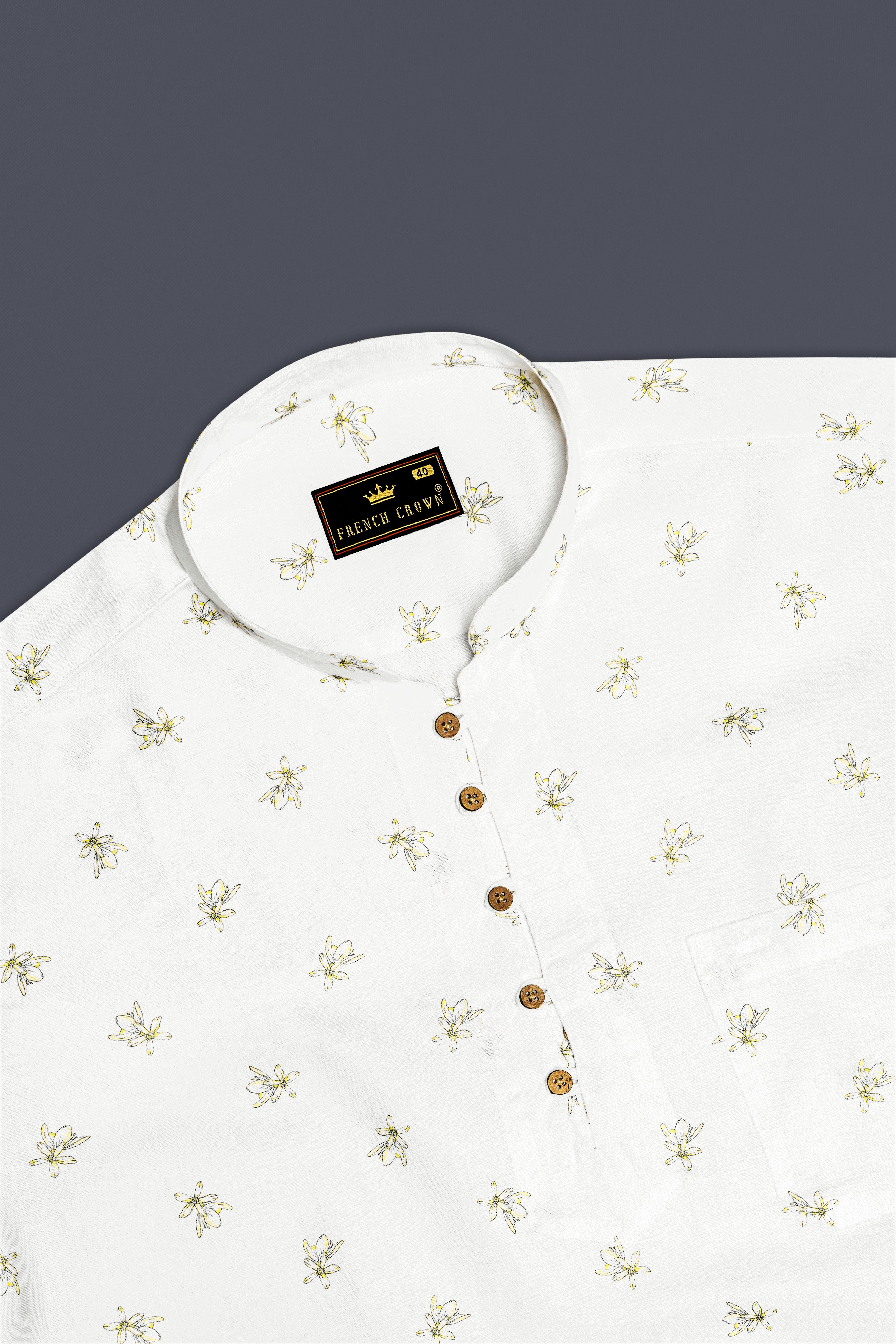 Off White Ditzy Floral Printed Luxurious Linen Kurta Shirt