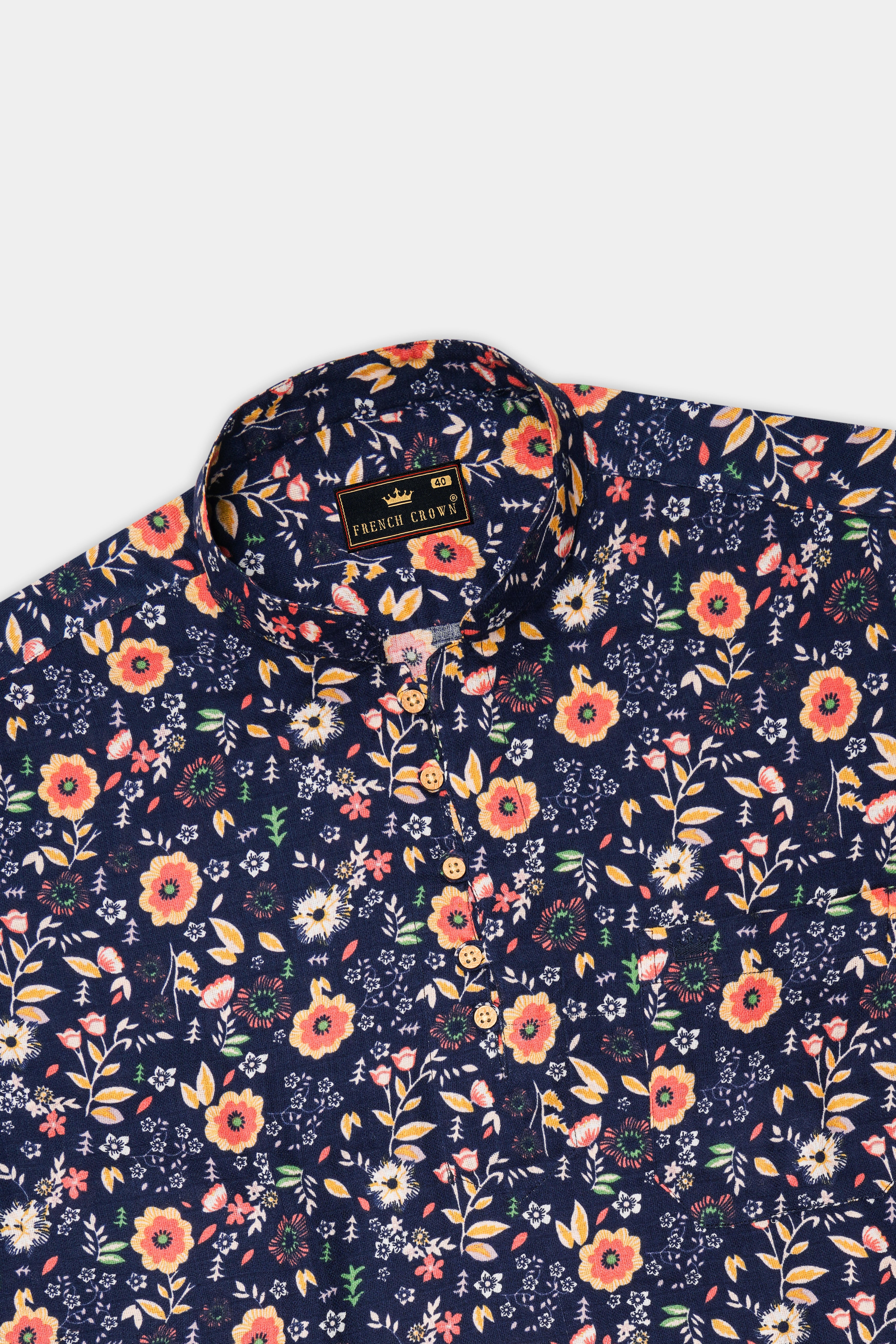 Tuna Blue With Multicolored Ditzy Floral Printed Dobby Textured Premium Giza Cotton Kurta Shirt