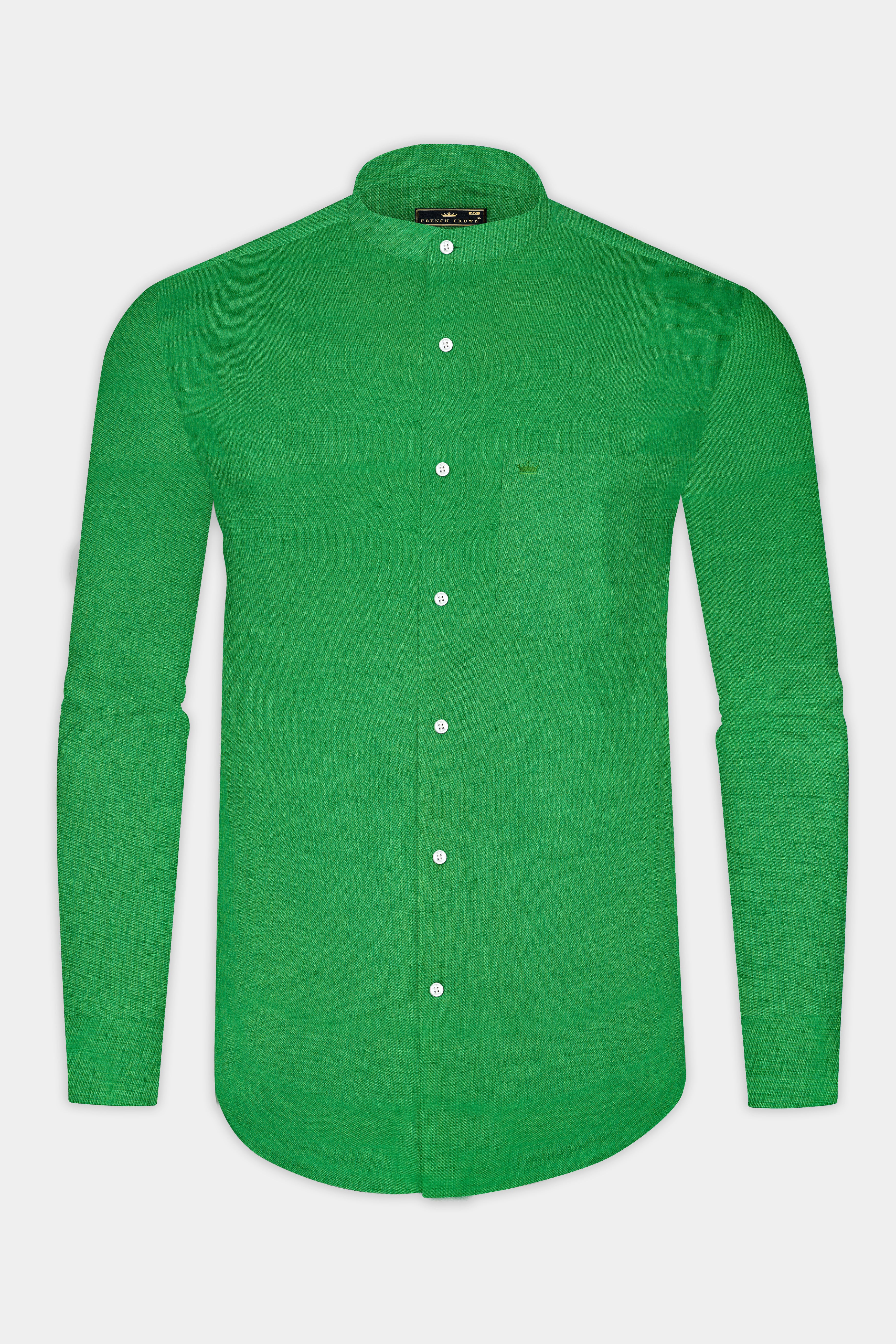 Salem Green Luxurious Linen Mandarin Collar Shirt