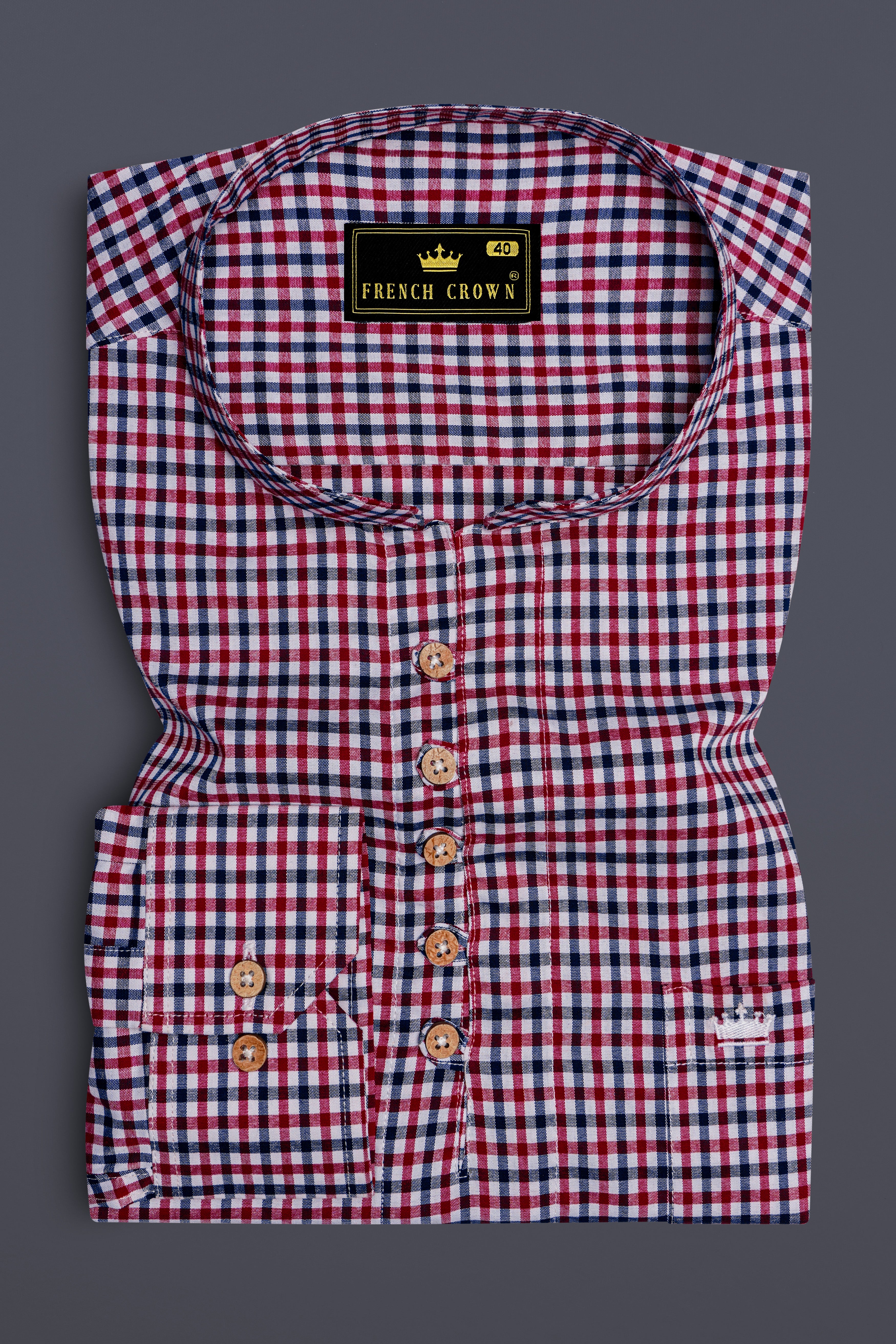 Deep Carmine Red and Tuna Navy Blue Plaid Royal Oxford Kurta Shirt