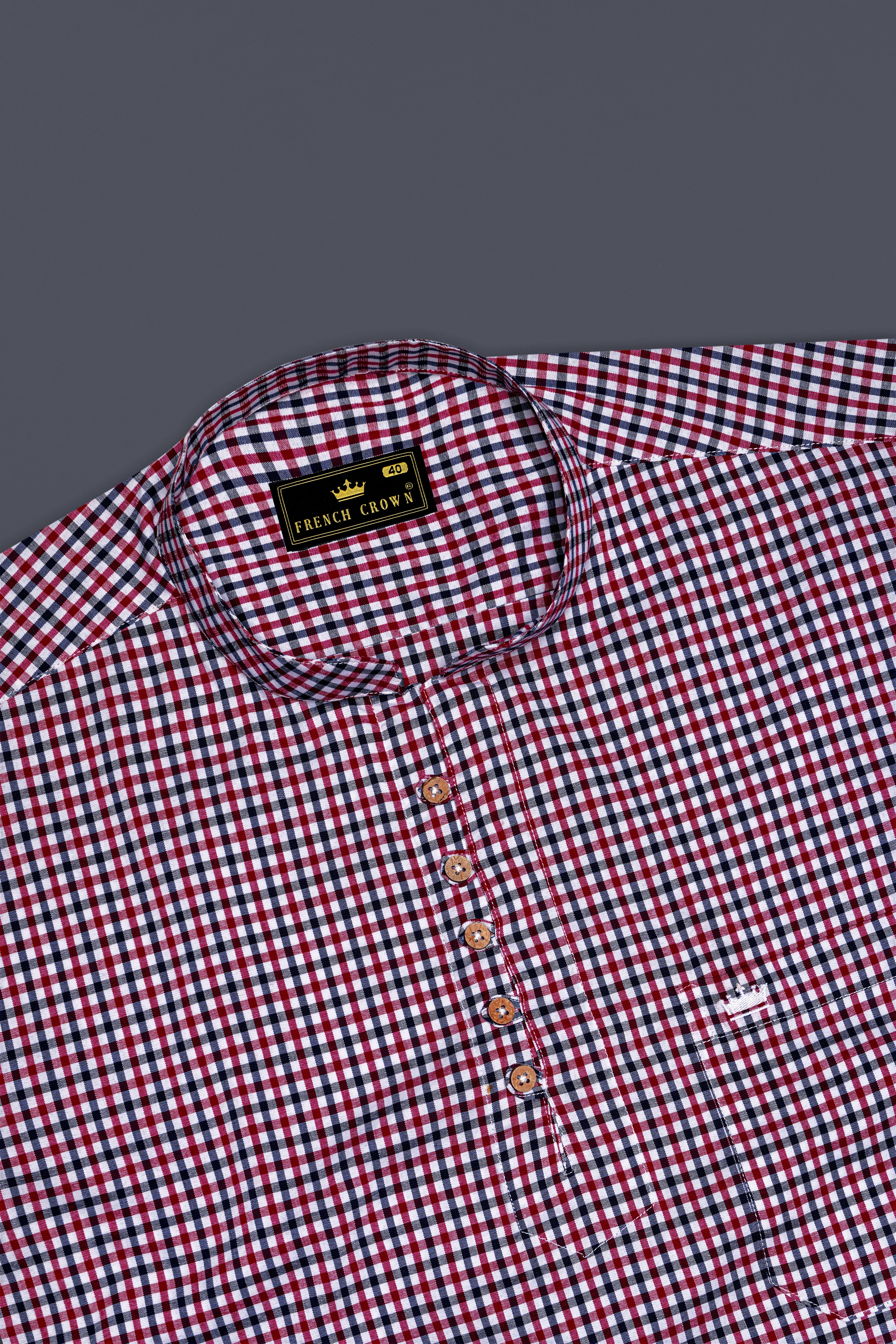 Deep Carmine Red and Tuna Navy Blue Plaid Royal Oxford Kurta Shirt