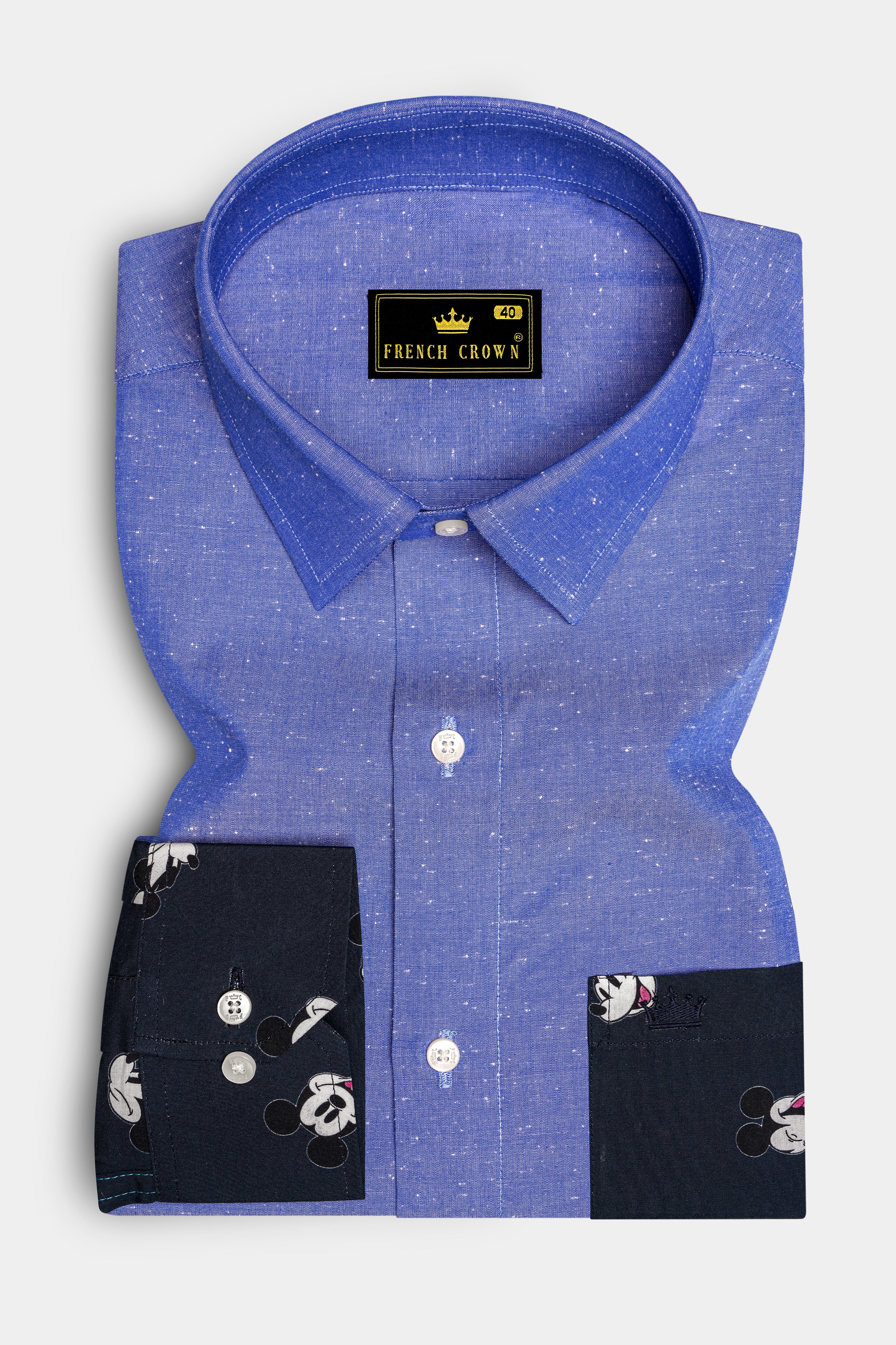 Dark Pastel Blue With Mickey Mouse Chambray Textured Premium Cotton Designer Shirt