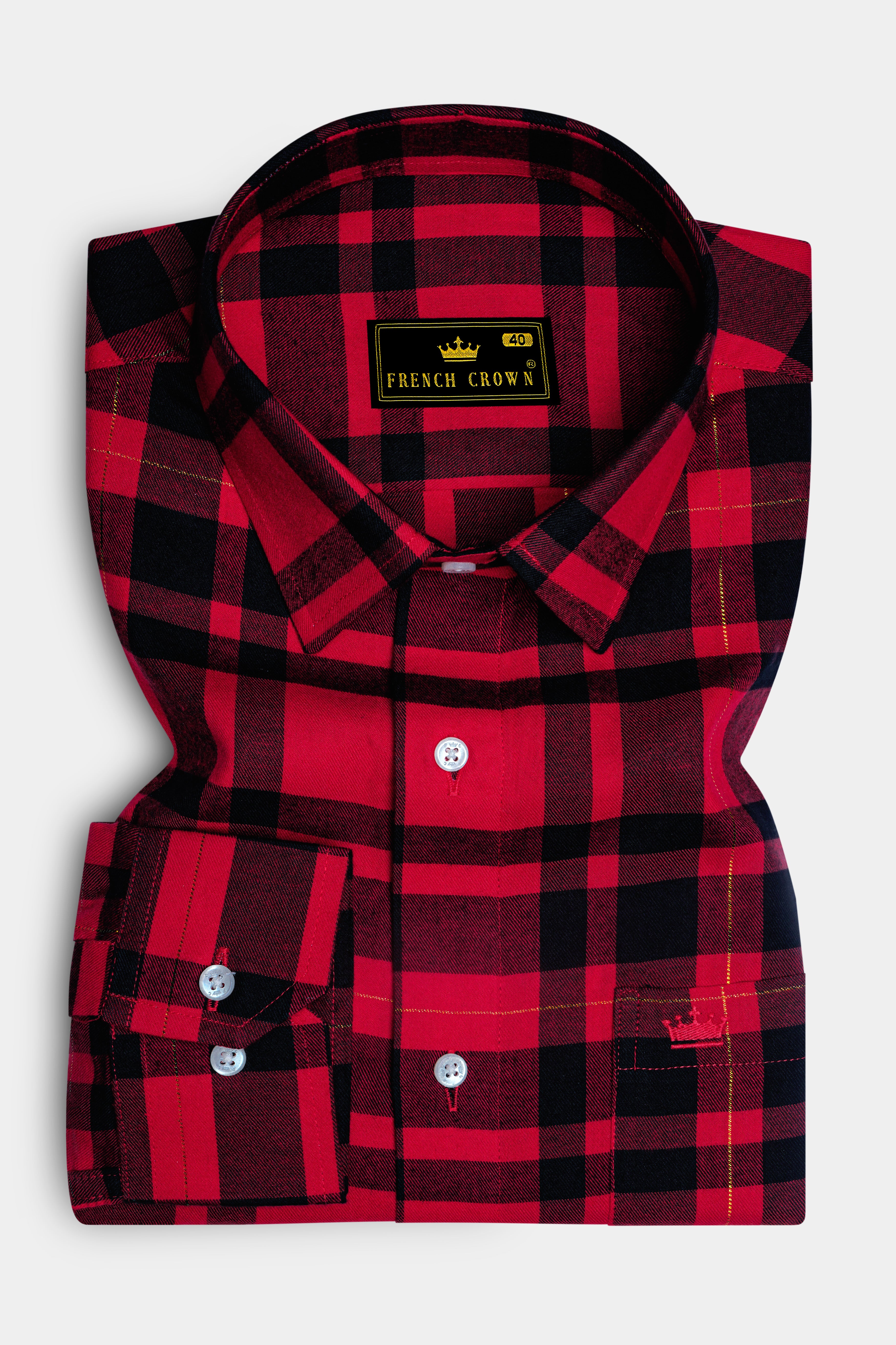 Vivid Auburn Red Casual Checks-Plaid Premium Cotton Shirt For Men