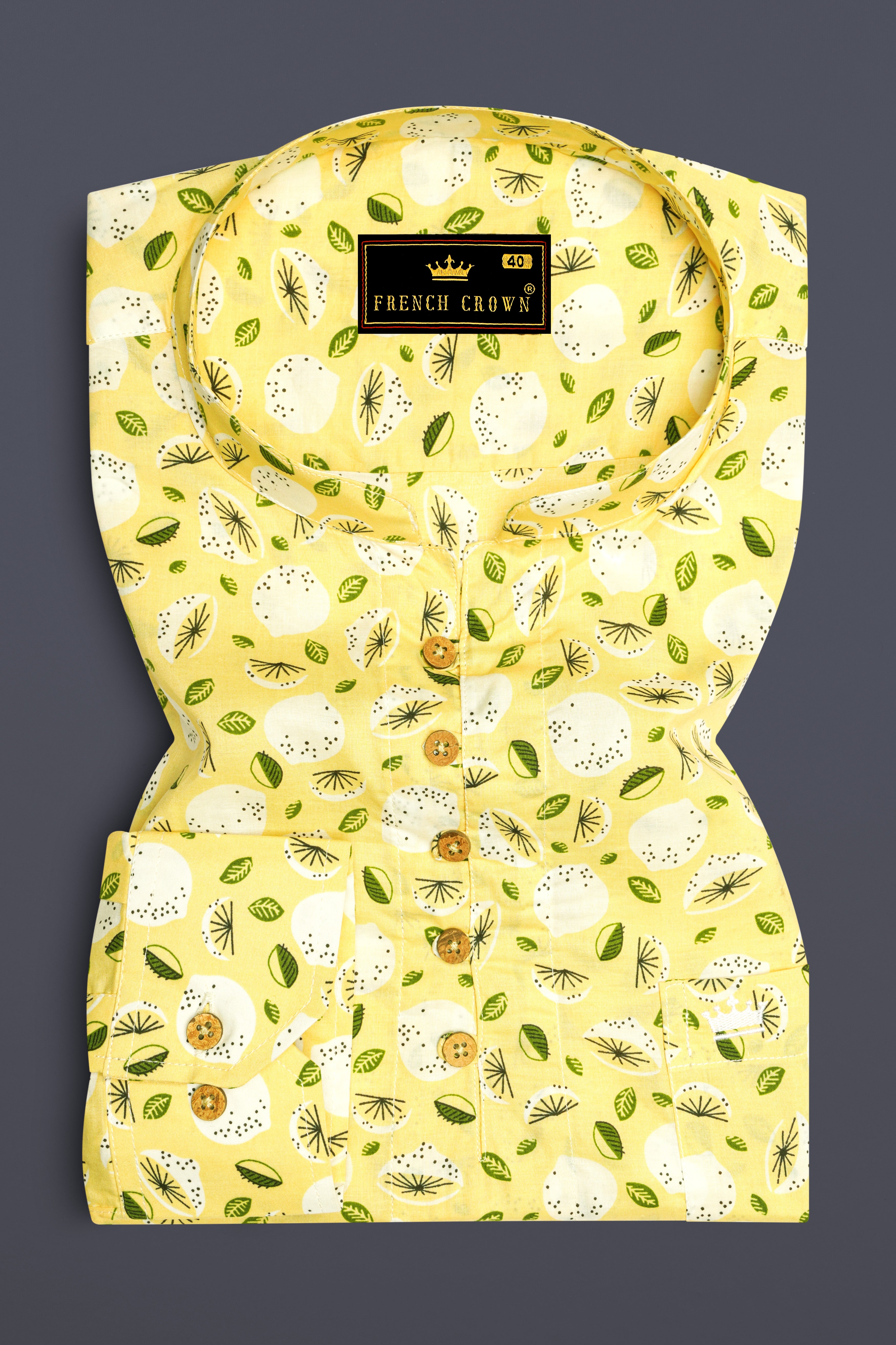 Pale Goldenrod Yellow Floral Printed Premium Cotton Kurta Shirt