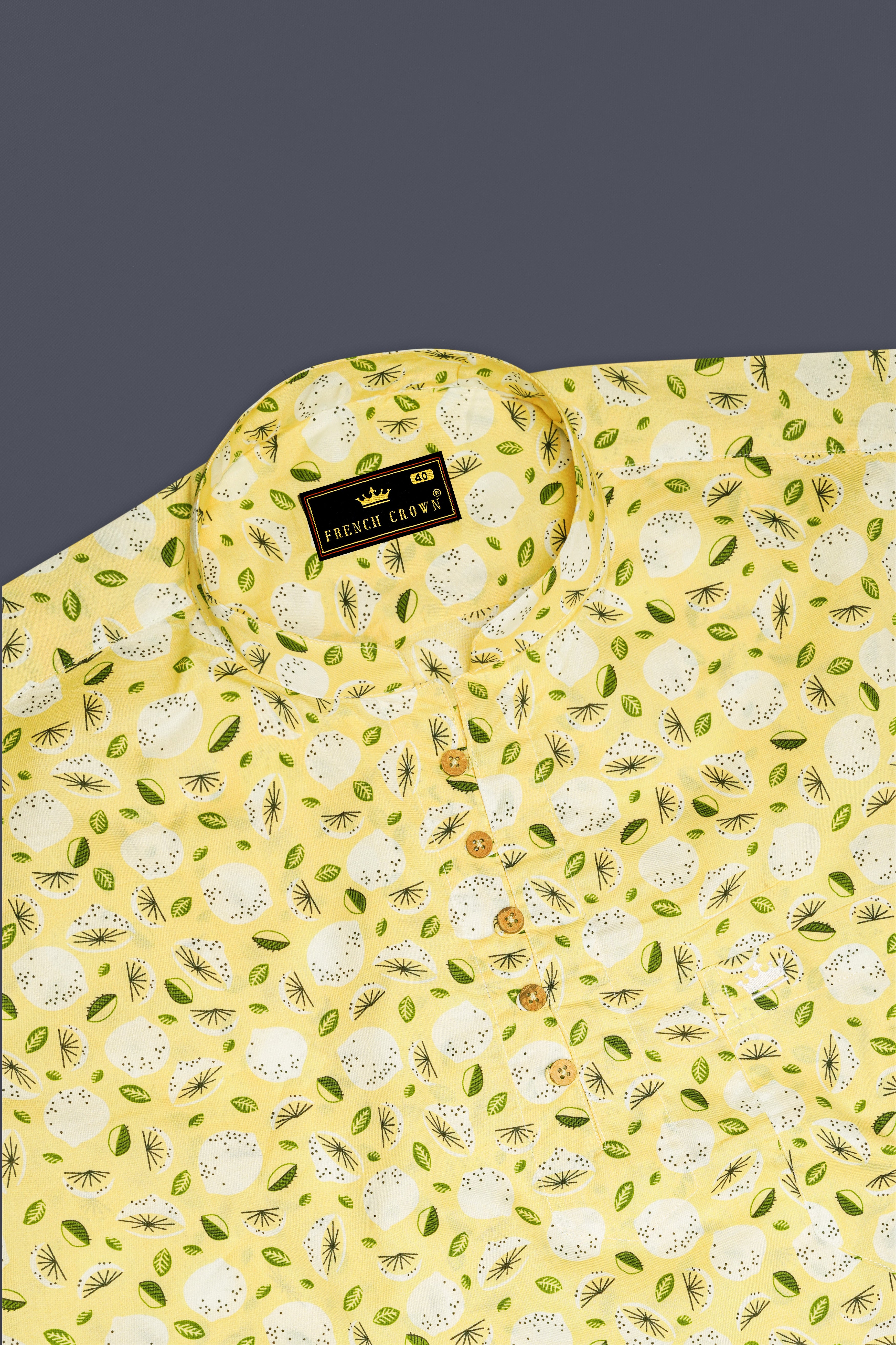 Pale Goldenrod Yellow Floral Printed Premium Cotton Kurta Shirt