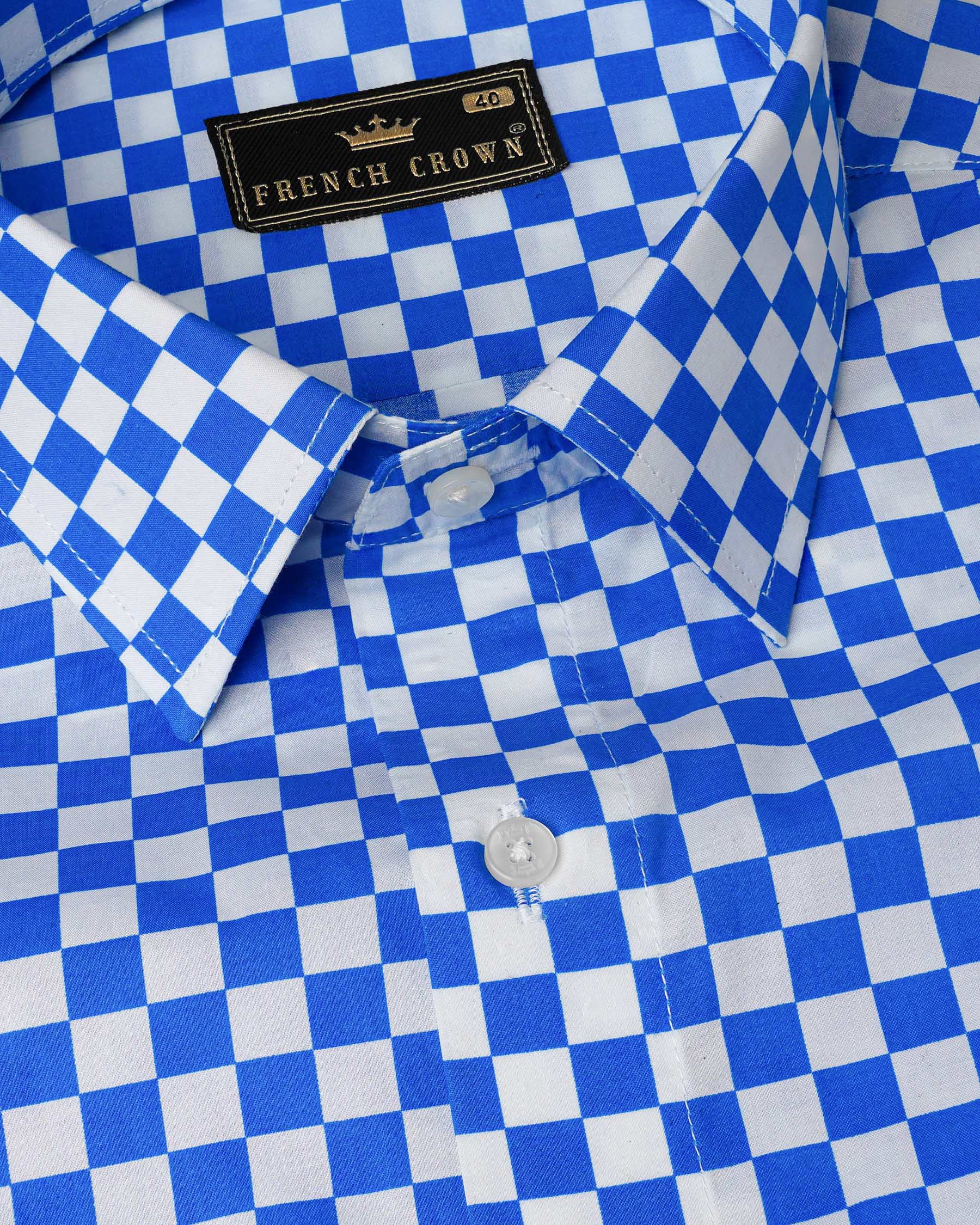 Cobalt Blue and White Half Checked Premium Cotton Designer Shirt