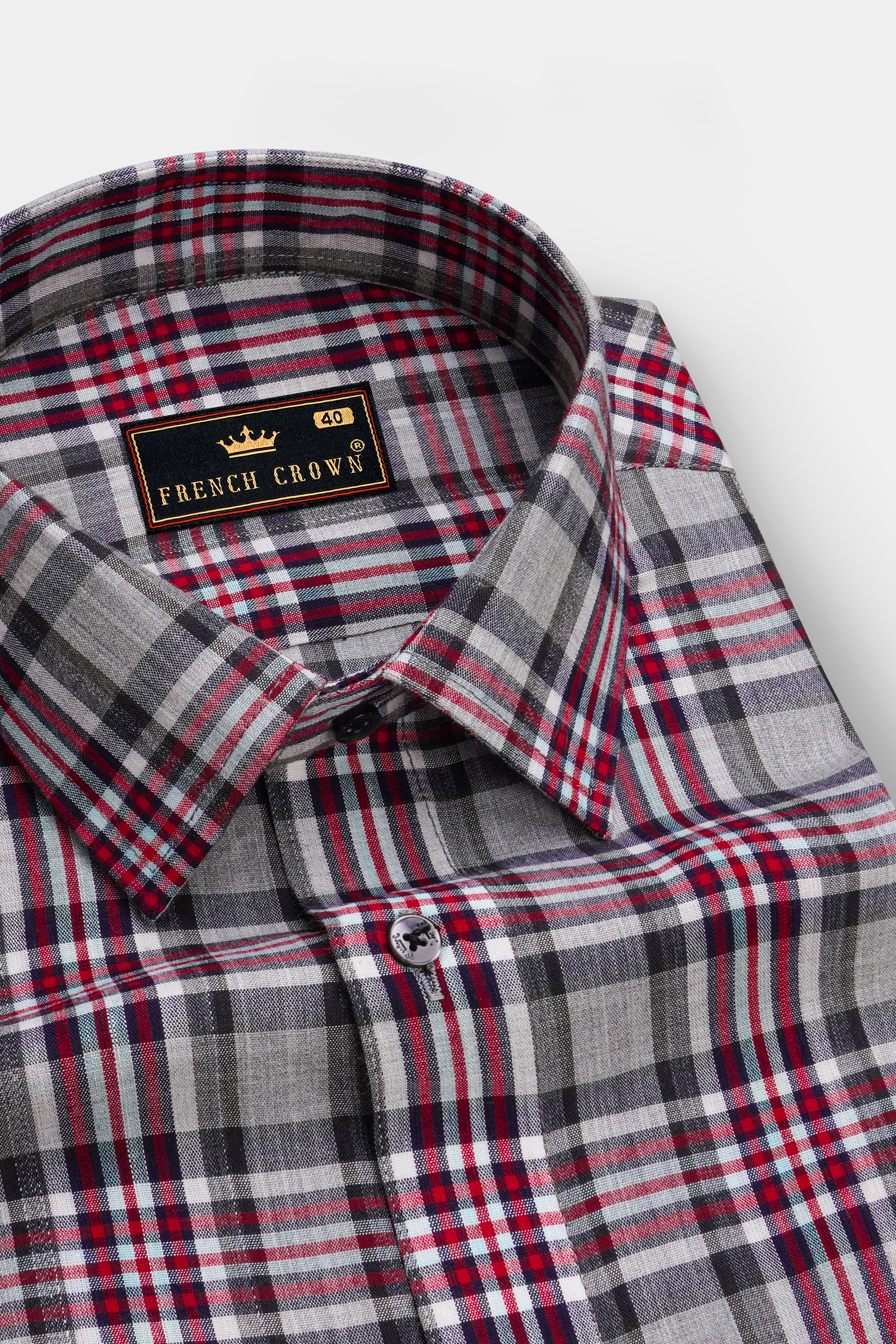 Pale Slate Gray with Tabasco Red Plaid Chambray Premium Cotton Shirt