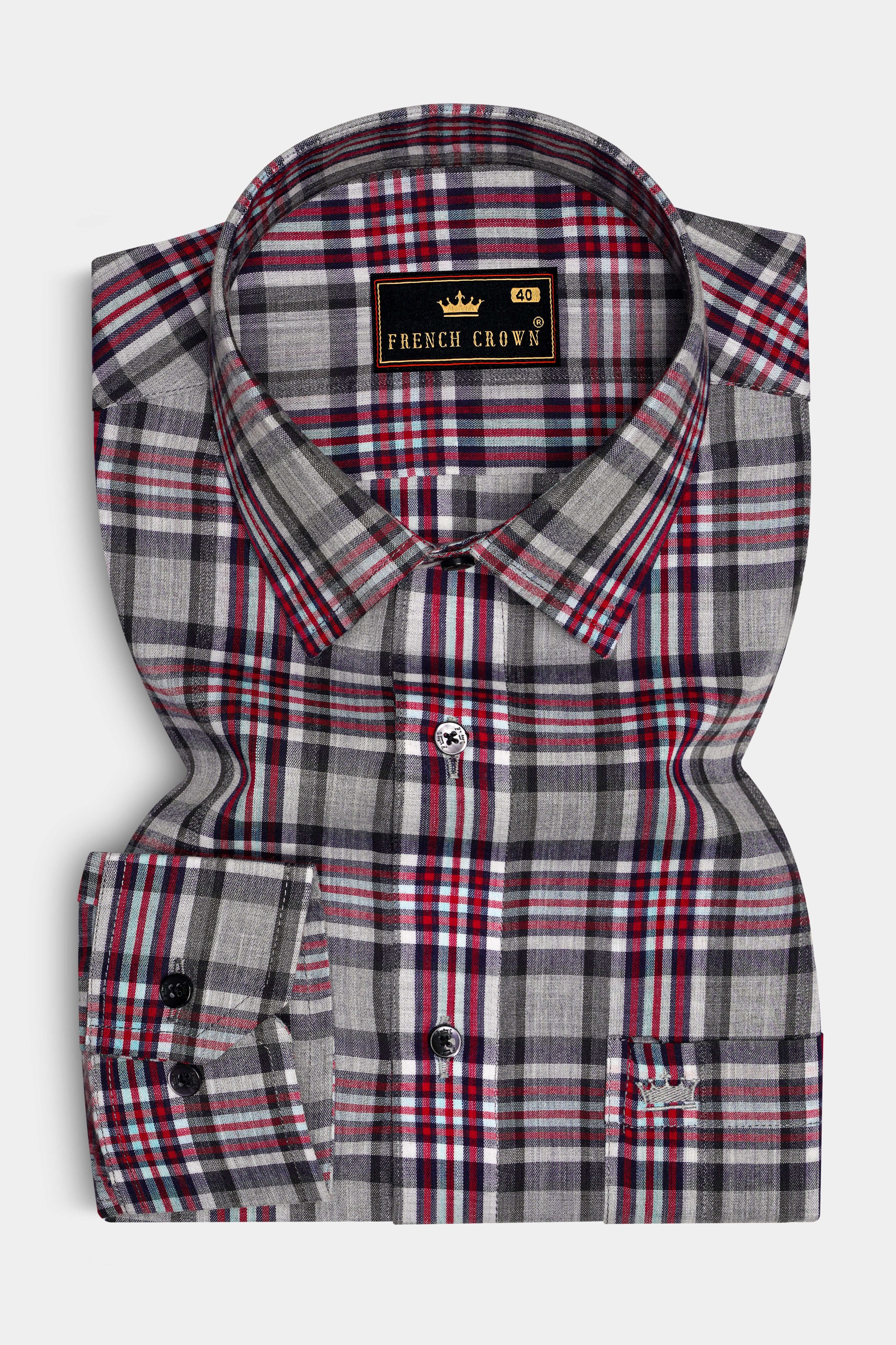Pale Slate Gray with Tabasco Red Plaid Chambray Premium Cotton Shirt