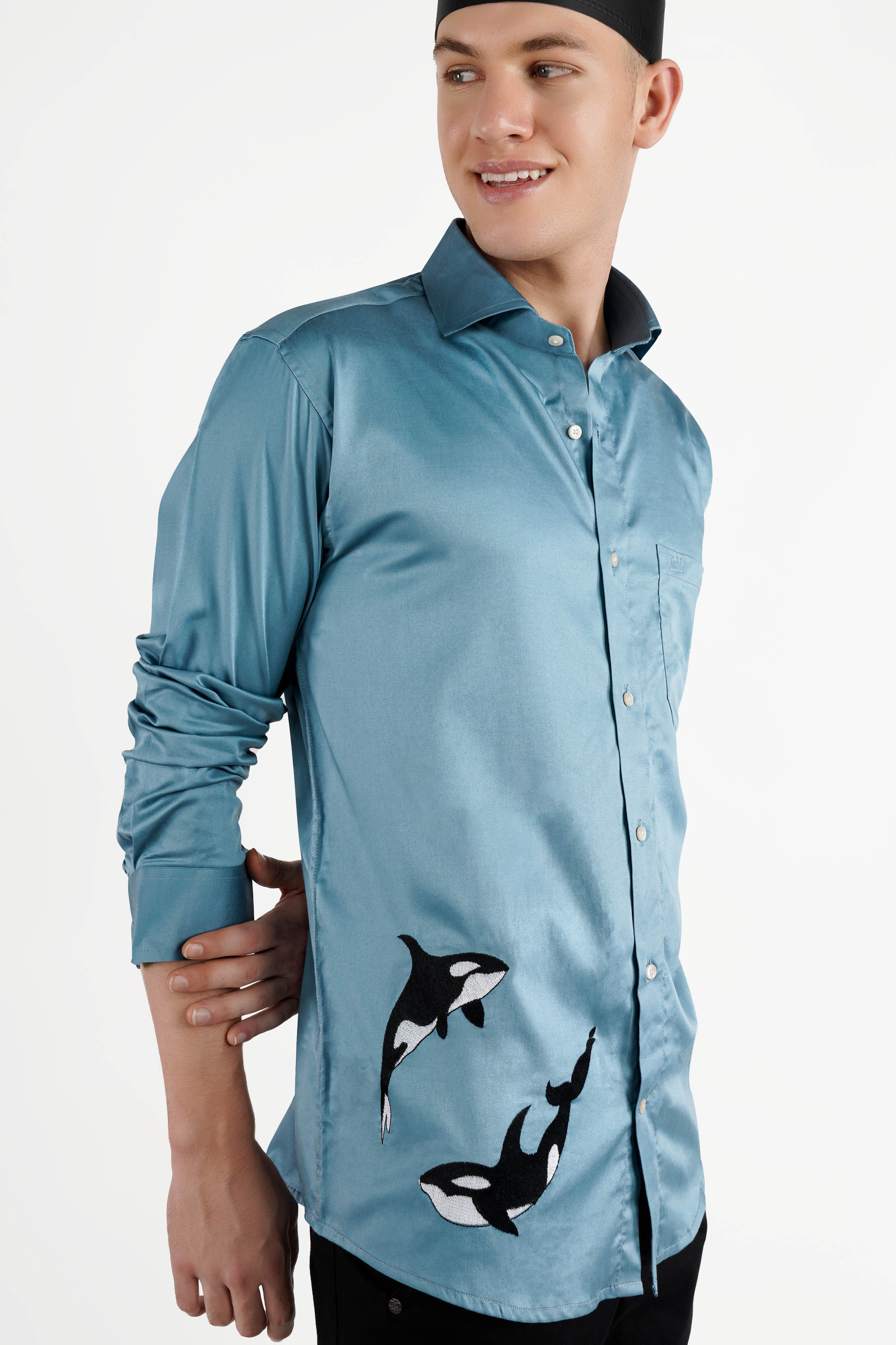 Bluish Cyan Blue with Dolphin Embroidered Super Soft Premium Cotton Designer Shirt