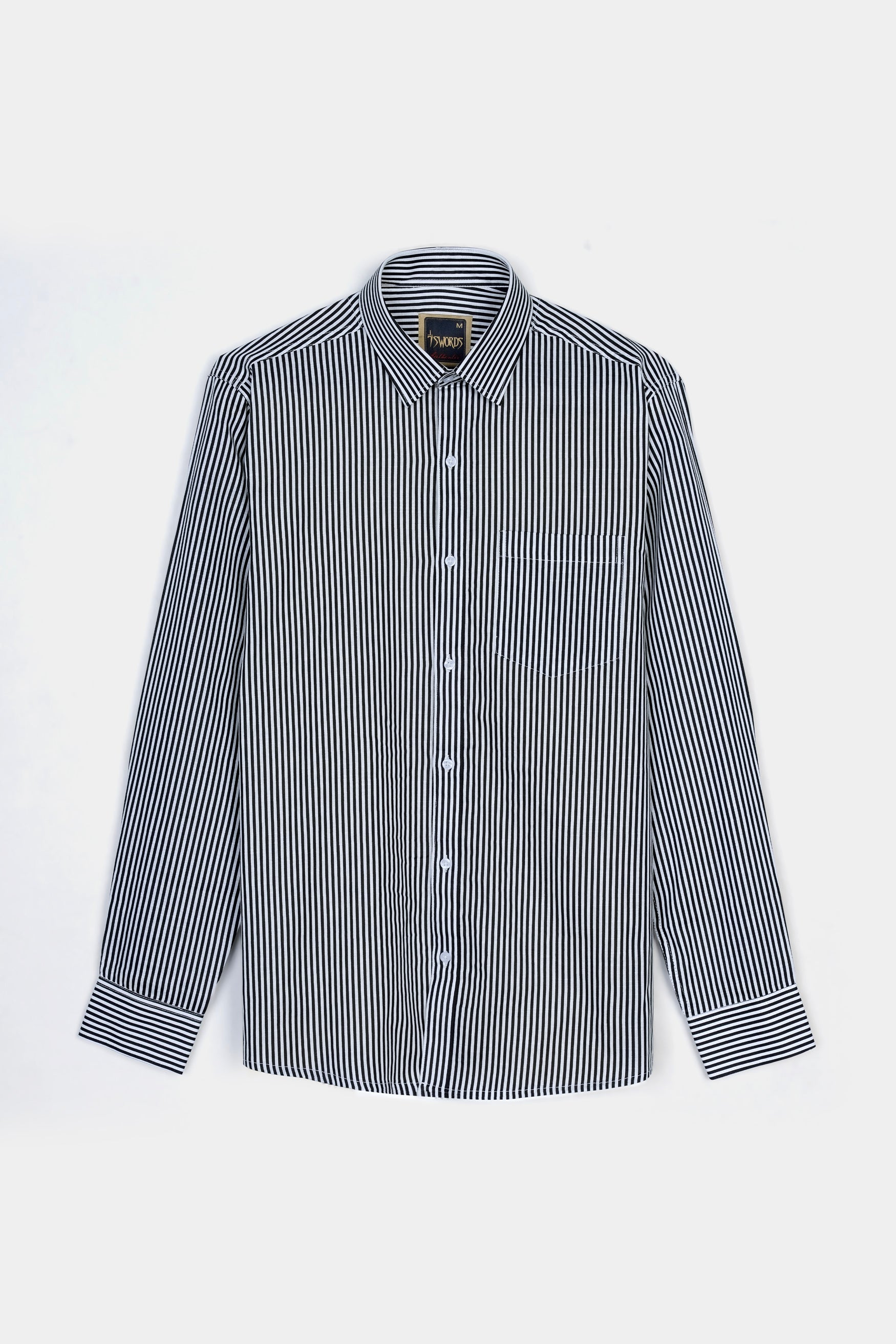 7swords-Bright White and Black Striped Premium Cotton Shirt