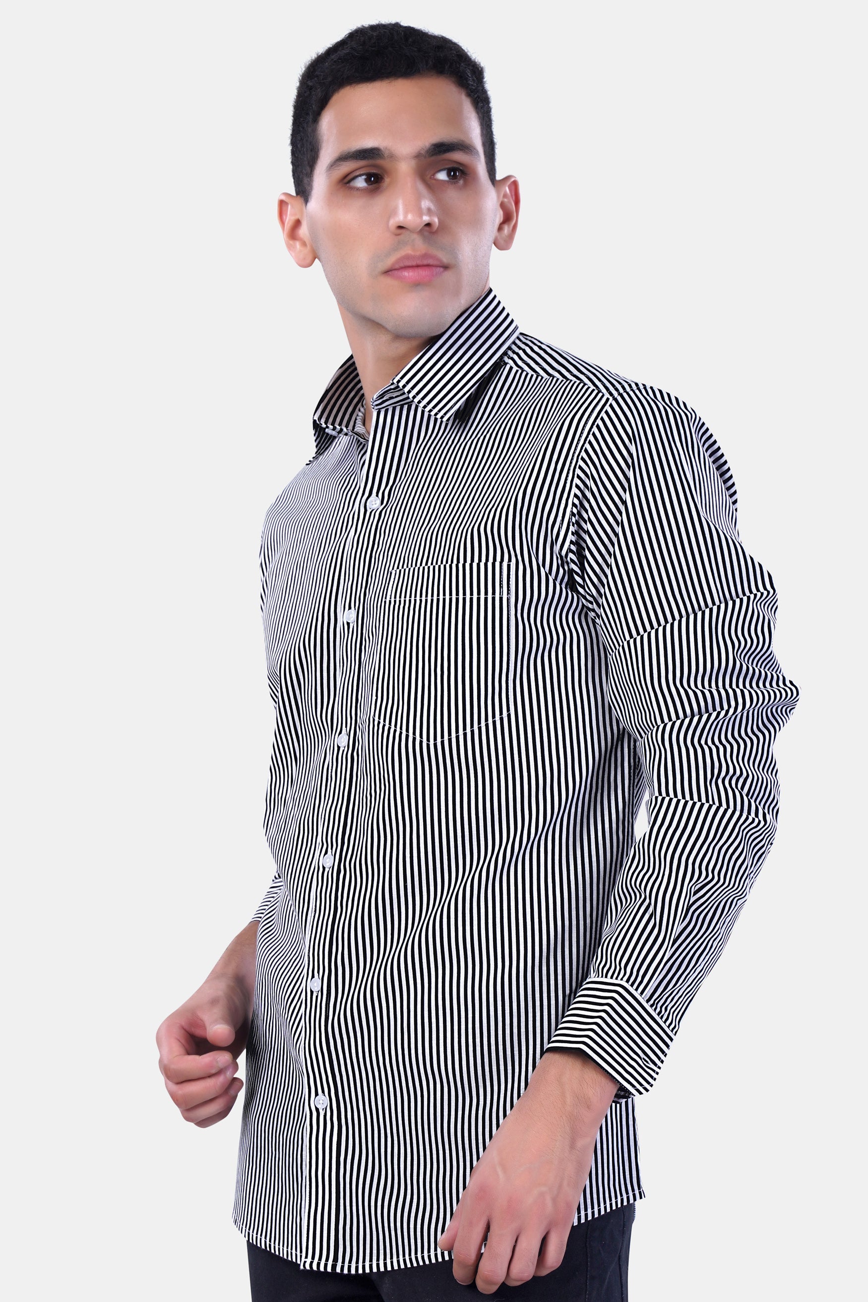 7swords-Bright White and Black Striped Premium Cotton Shirt