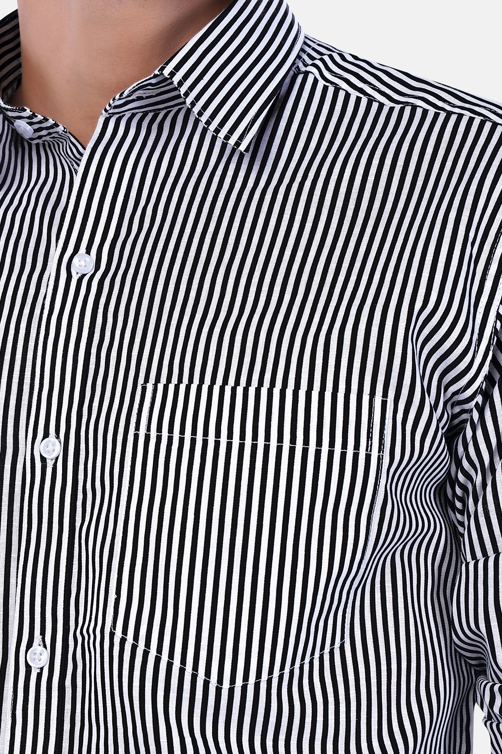 7swords-Bright White and Black Striped Premium Cotton Shirt