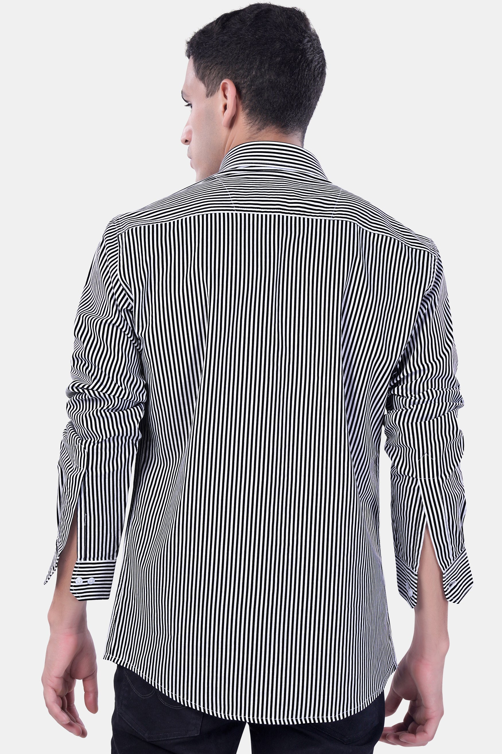 7swords-Bright White and Black Striped Premium Cotton Shirt