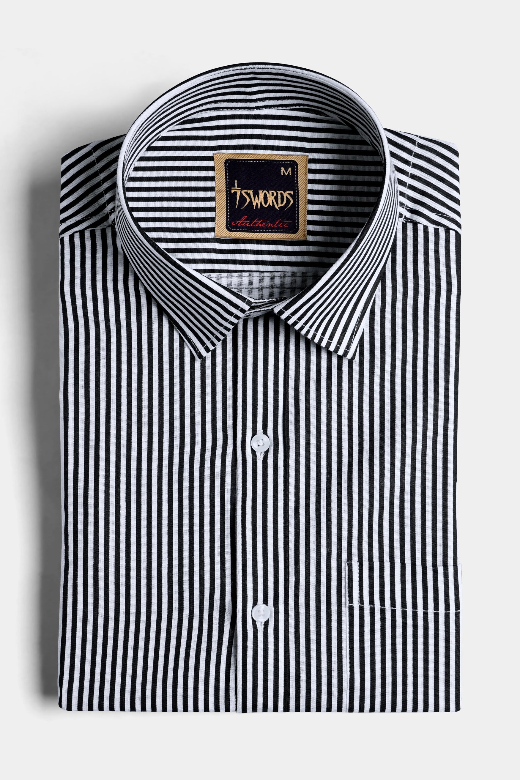 7swords-Bright White and Black Striped Premium Cotton Shirt