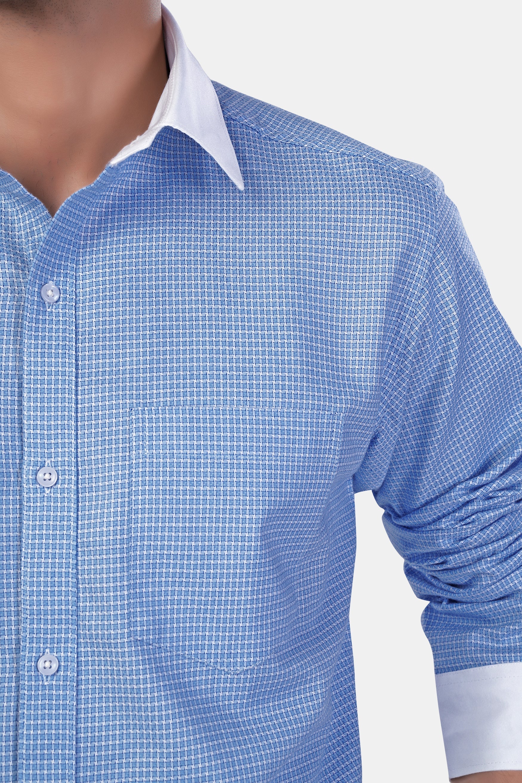 7swords-Koi Blue Checkered with White Cuffs and Collar Premium Cotton Shirt