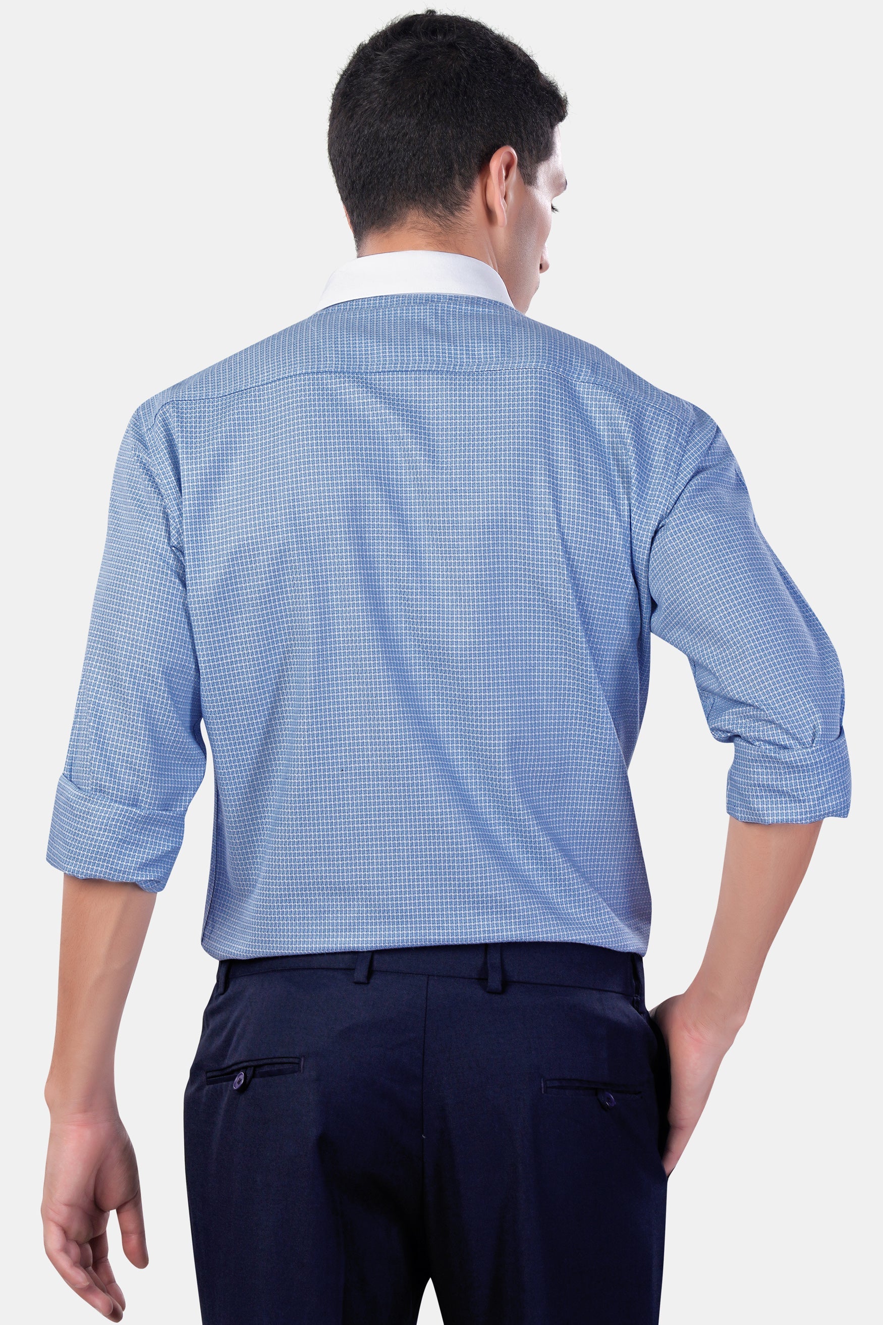 7swords-Koi Blue Checkered with White Cuffs and Collar Premium Cotton Shirt