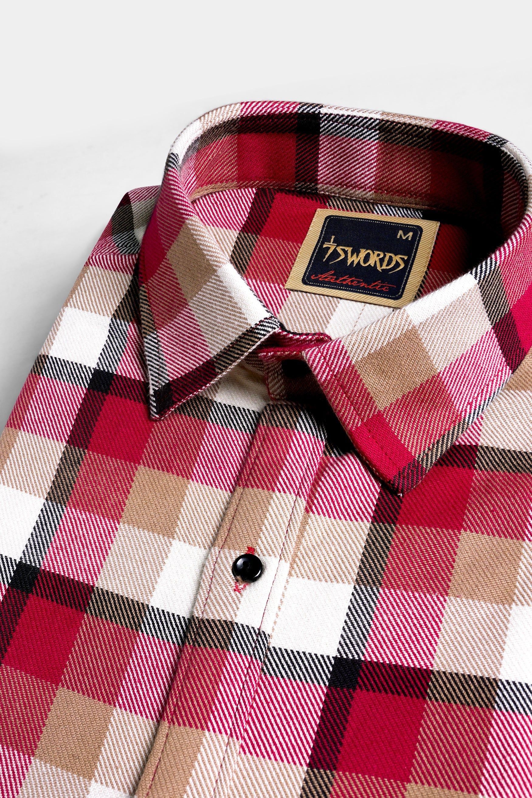 7swords-Carmine Red with Beaver Brown and White Plaid Premium Cotton Shirt