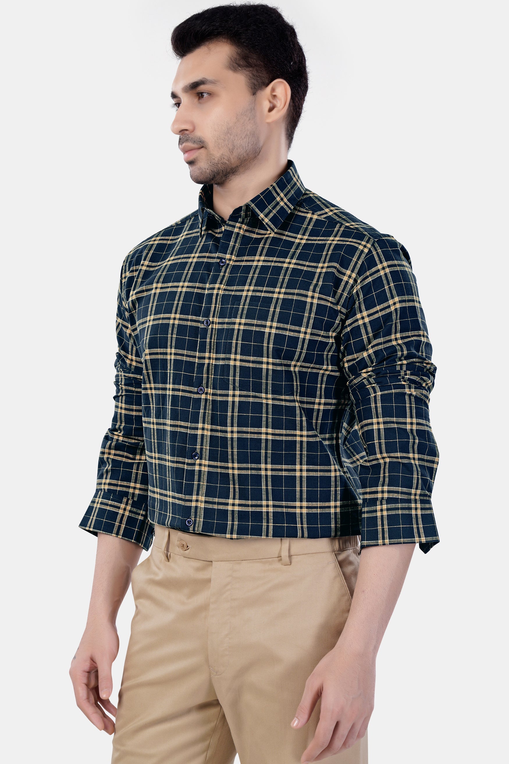 7swords-Firefly Blue and Fawn Brown Plaid Premium Cotton Shirt