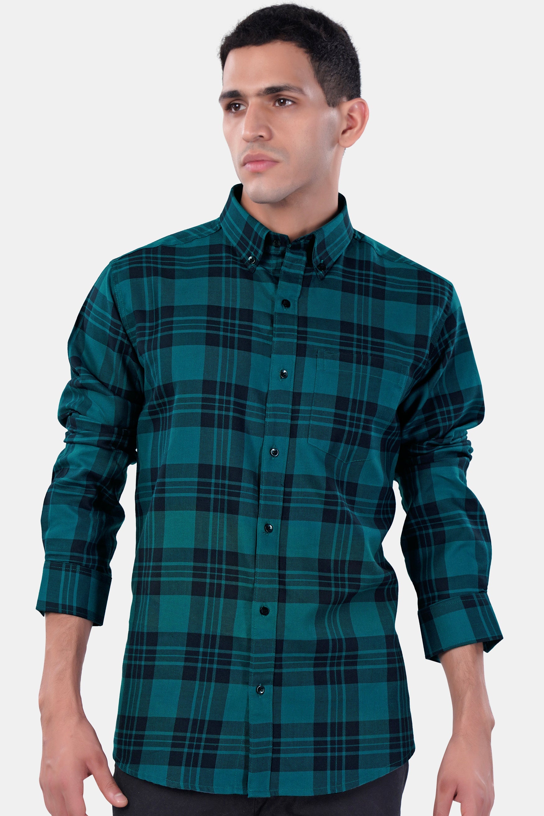 7swords-Teal Blue and Haiti Blue Plaid Premium Cotton Button Down Shirt