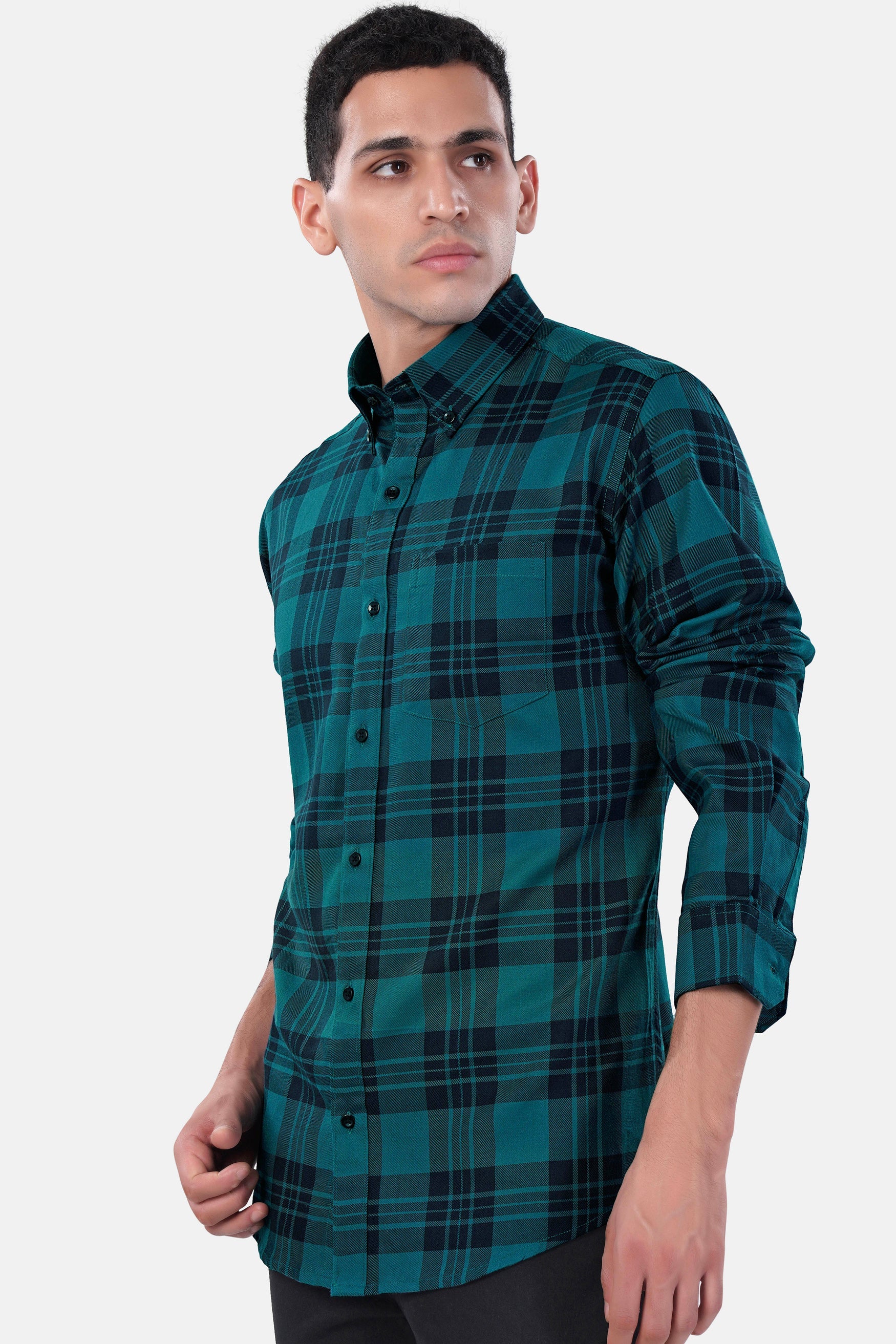 7swords-Teal Blue and Haiti Blue Plaid Premium Cotton Button Down Shirt