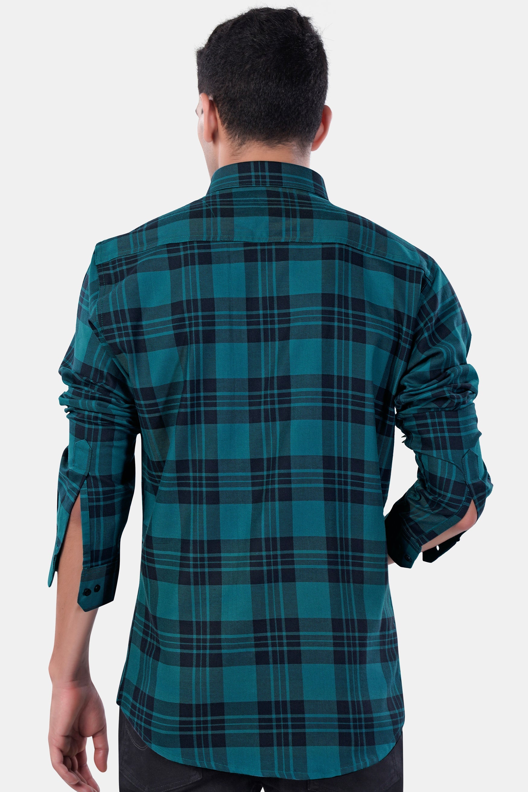 7swords-Teal Blue and Haiti Blue Plaid Premium Cotton Button Down Shirt