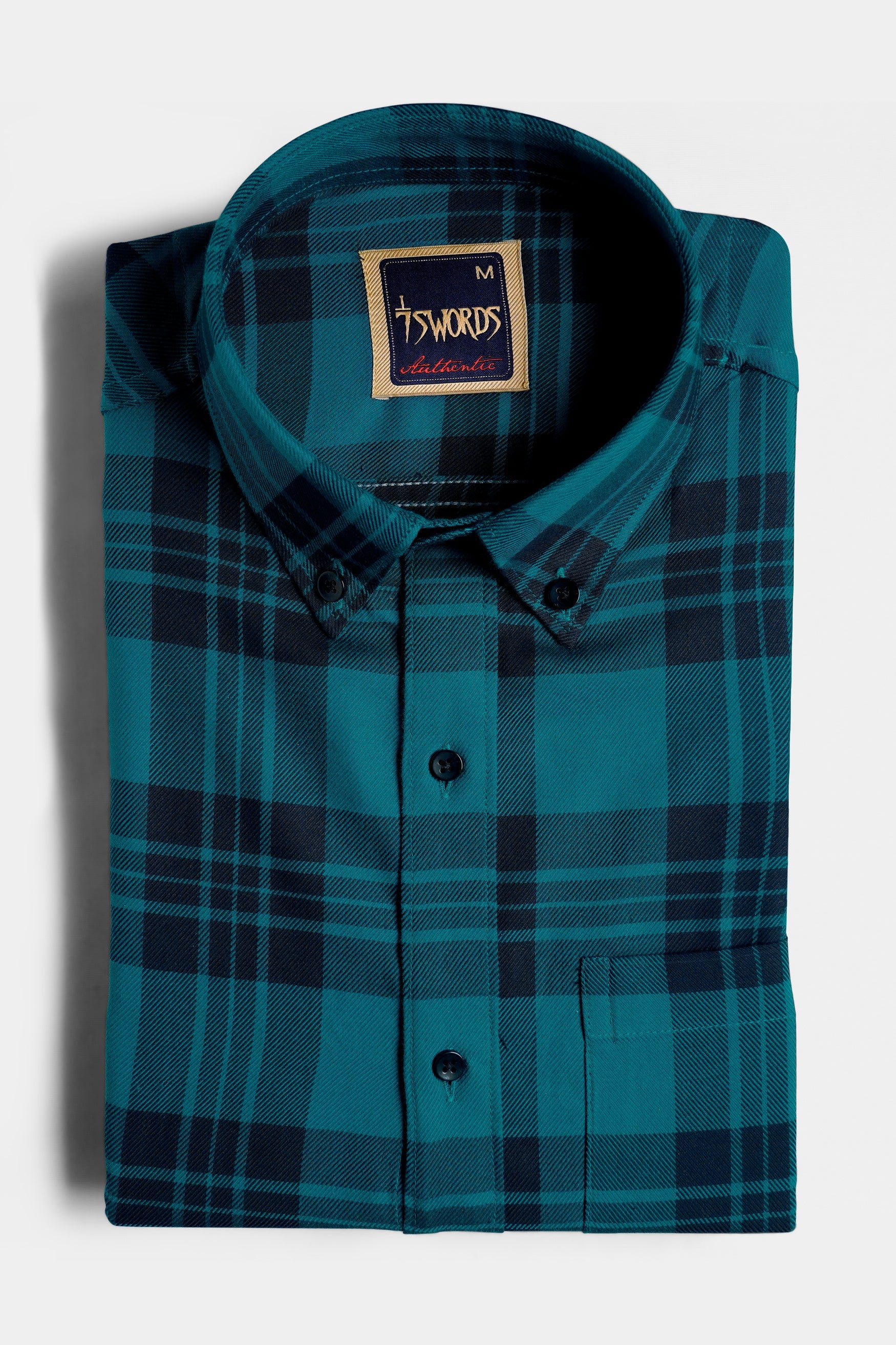 7swords-Teal Blue and Haiti Blue Plaid Premium Cotton Button Down Shirt