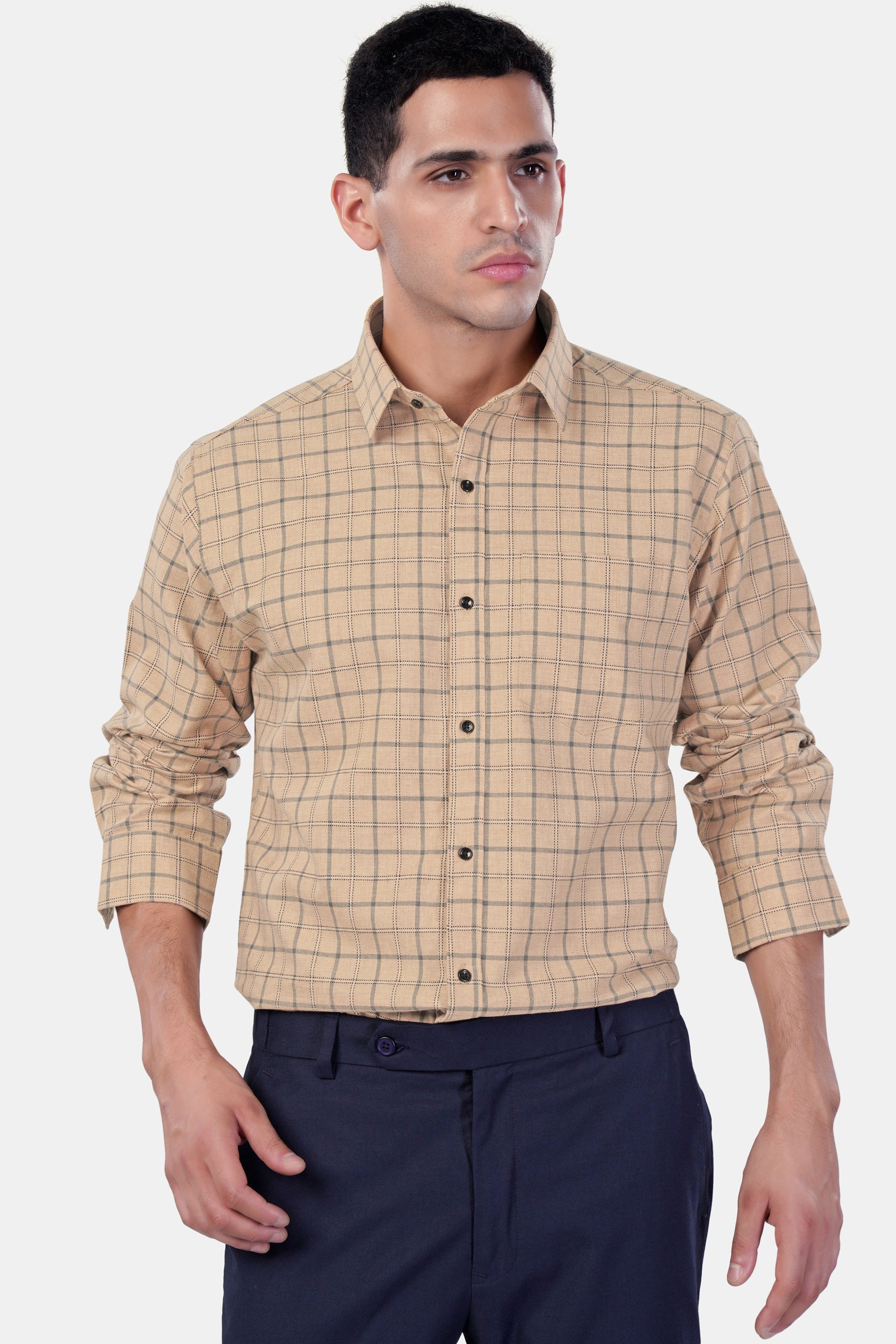 7swords-Tan Brown and Regent Gray Checkered Premium Cotton Shirt